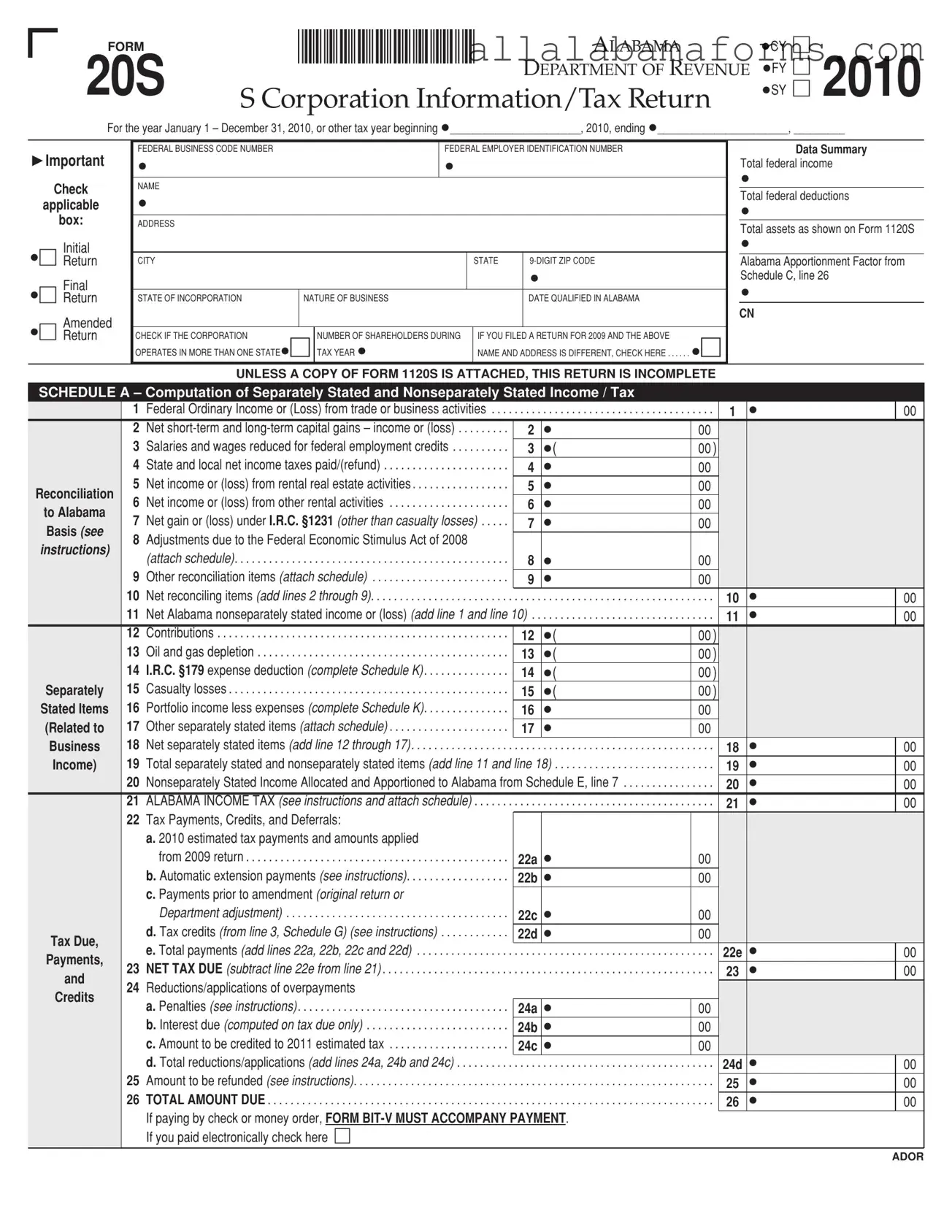 Free Alabama 20S PDF Template