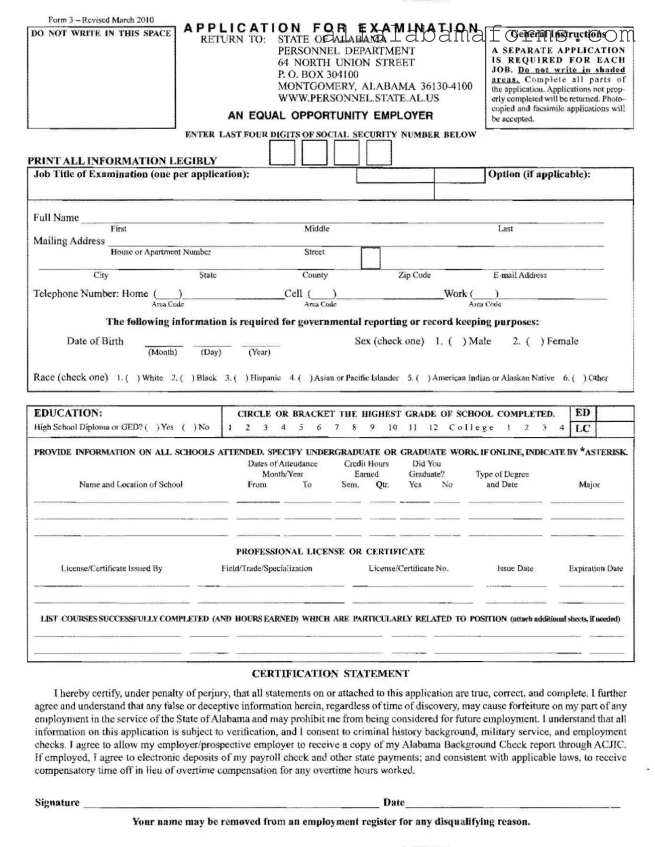 Free Alabama 3 PDF Template