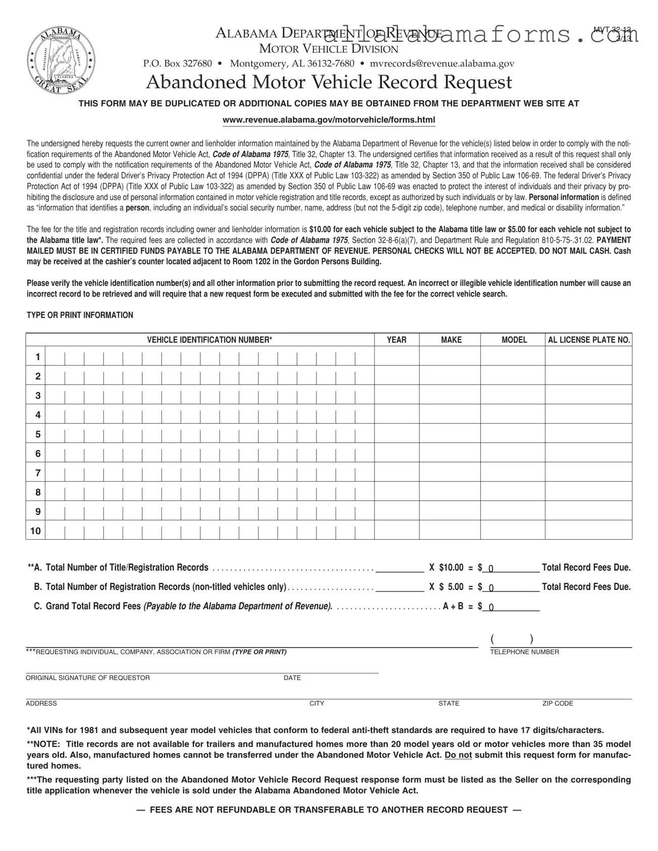 Free Alabama Abandoned Vehicle PDF Template