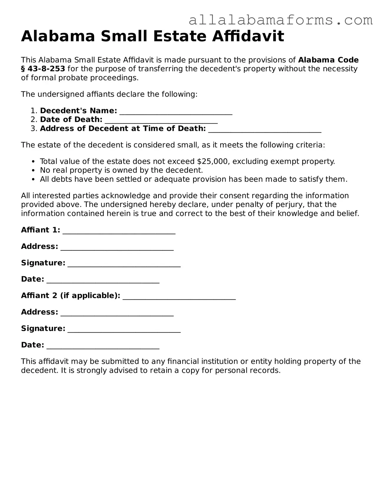  Small Estate Affidavit Form for Alabama