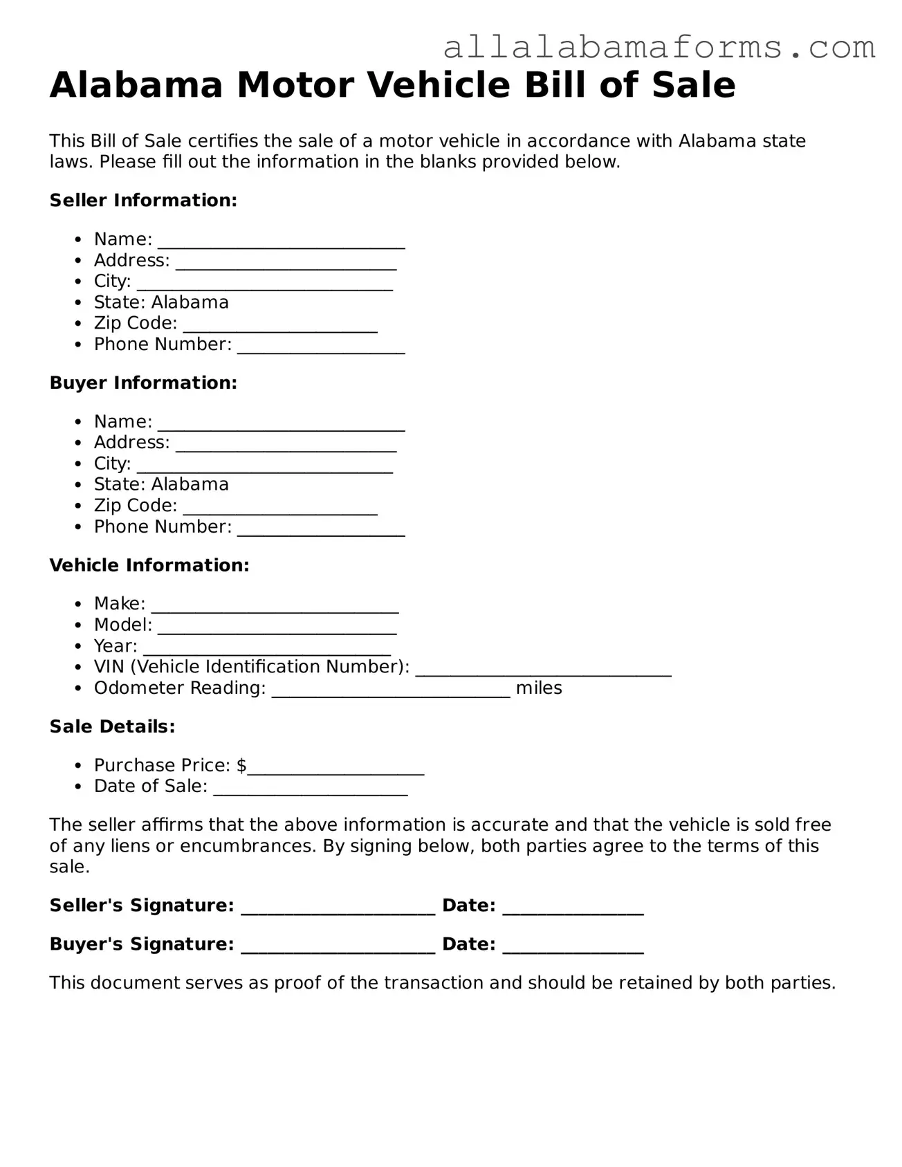  Motor Vehicle Bill of Sale Form for Alabama