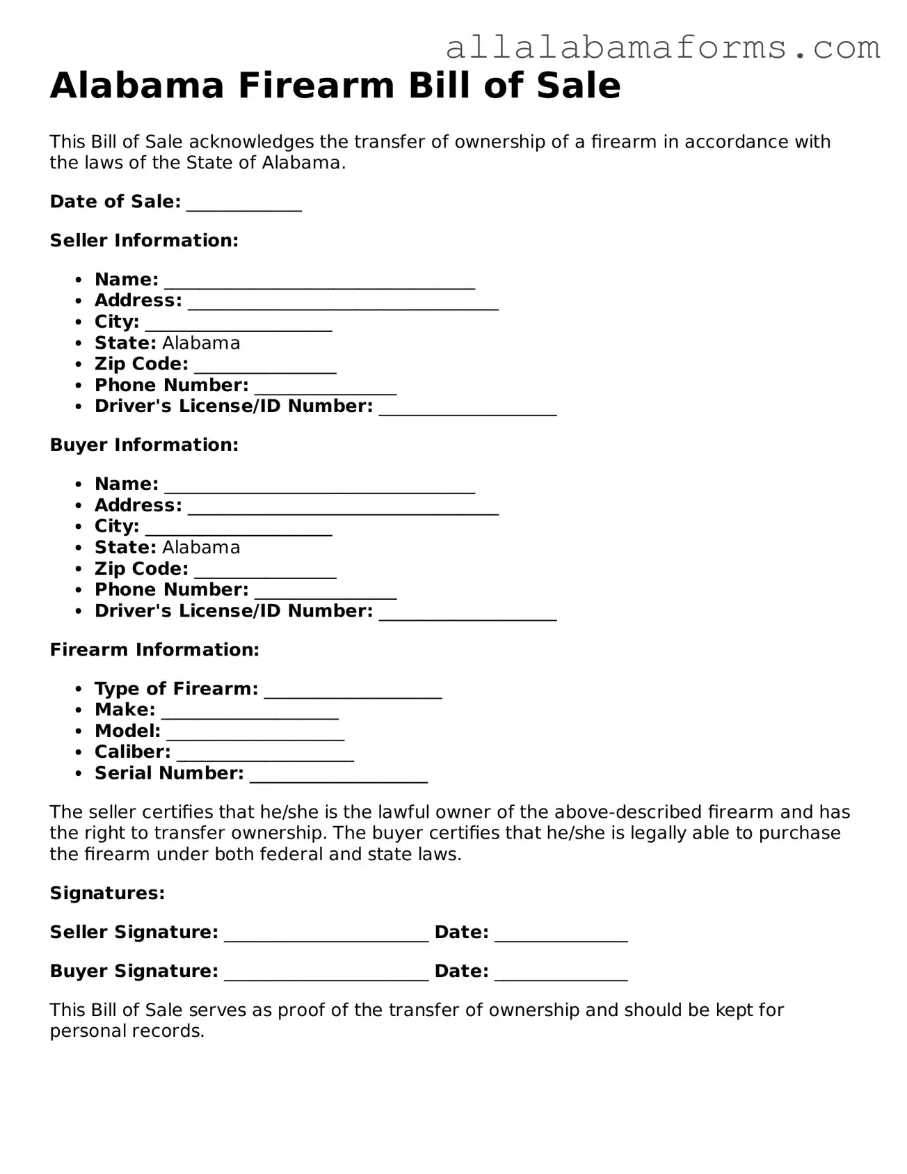  Firearm Bill of Sale Form for Alabama