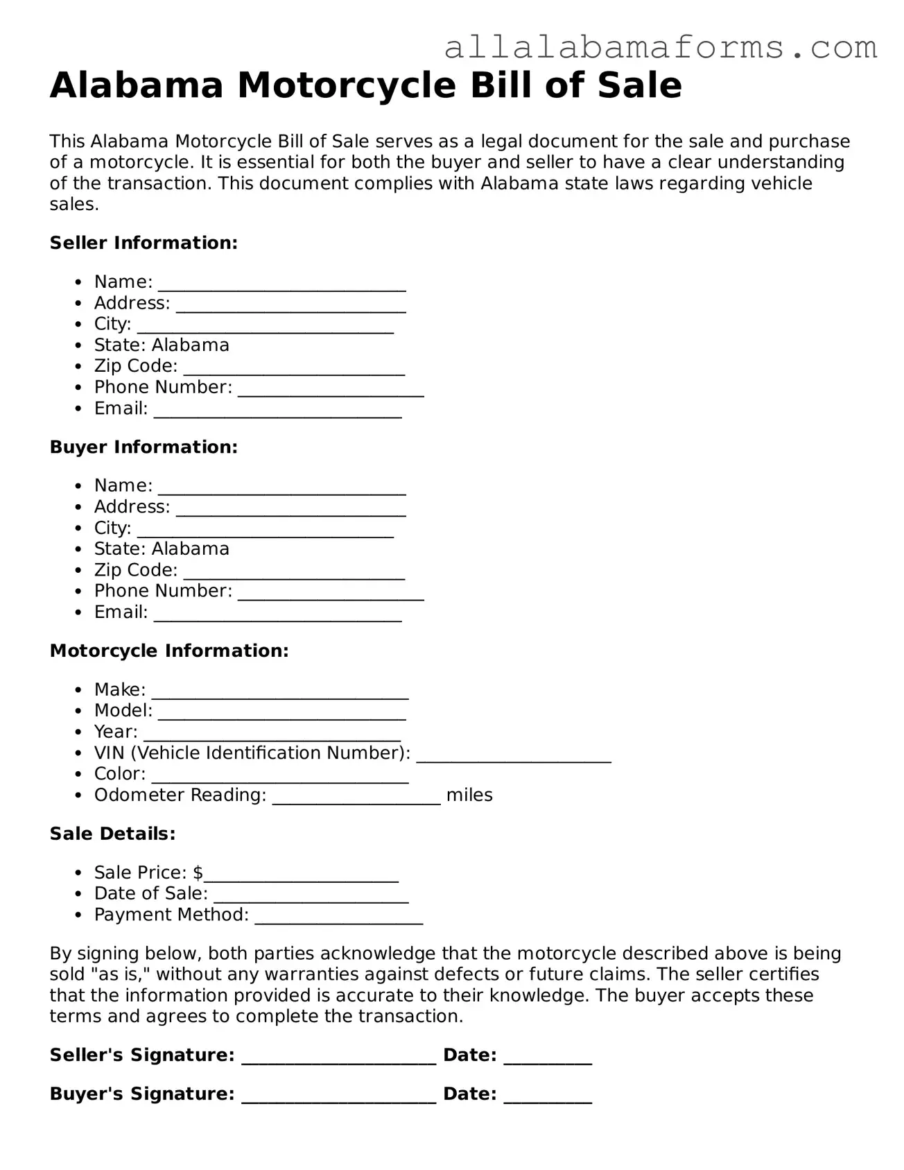  Motorcycle Bill of Sale Form for Alabama