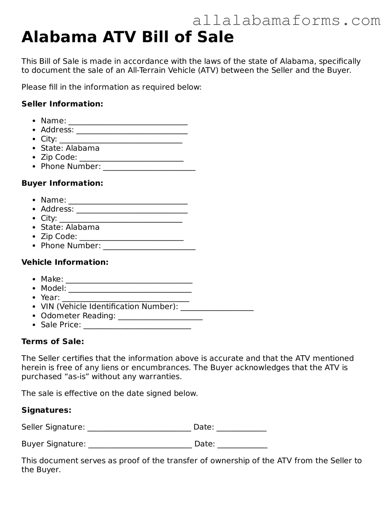  ATV Bill of Sale Form for Alabama
