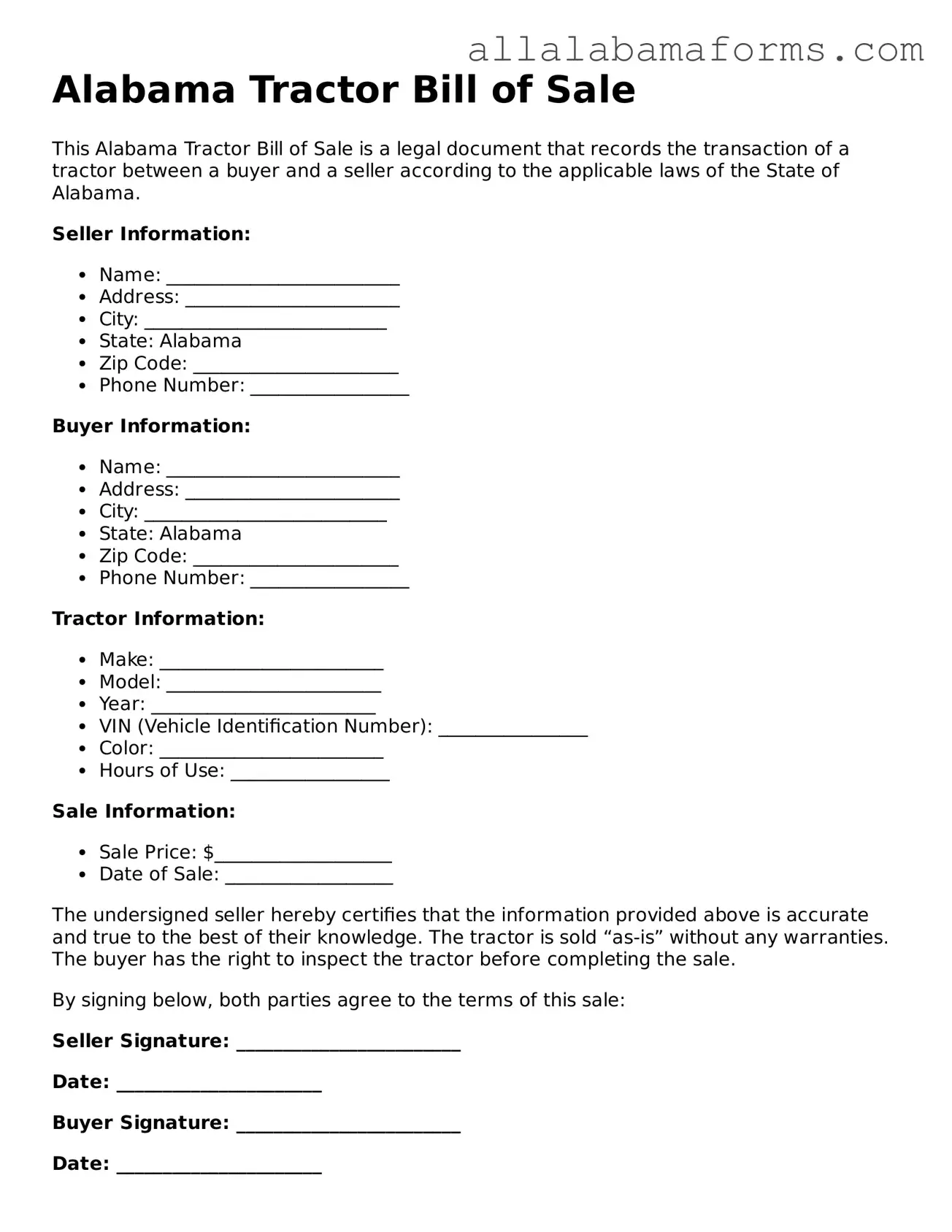  Tractor Bill of Sale Form for Alabama