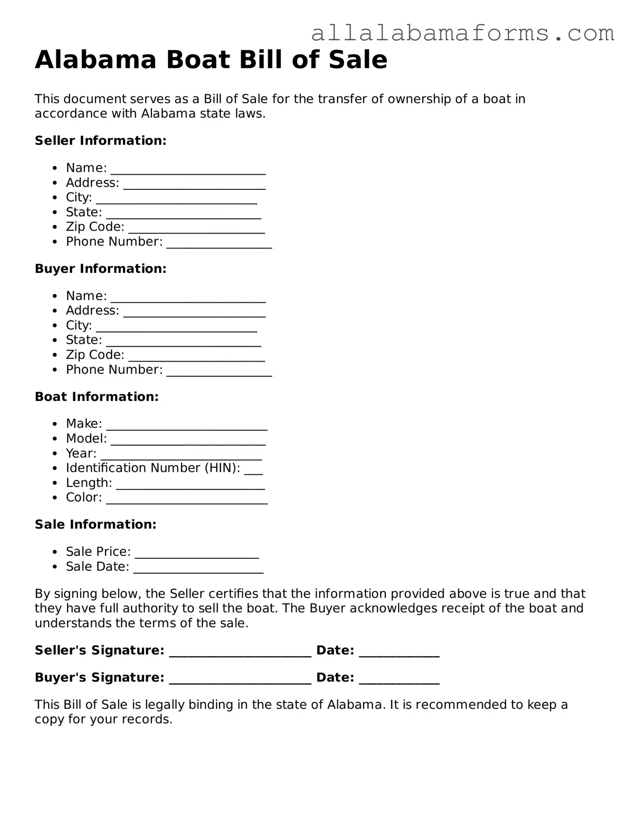  Boat Bill of Sale Form for Alabama