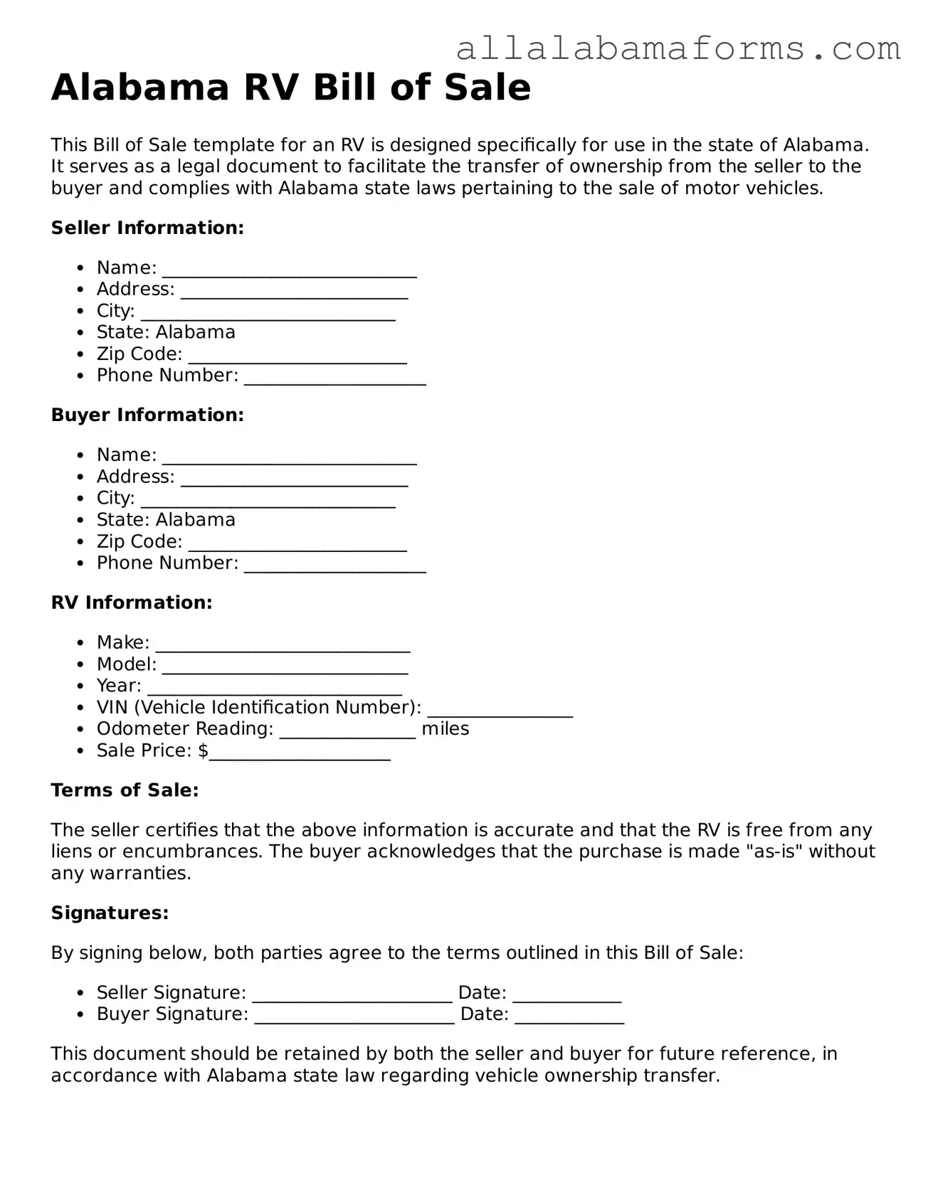  RV Bill of Sale Form for Alabama