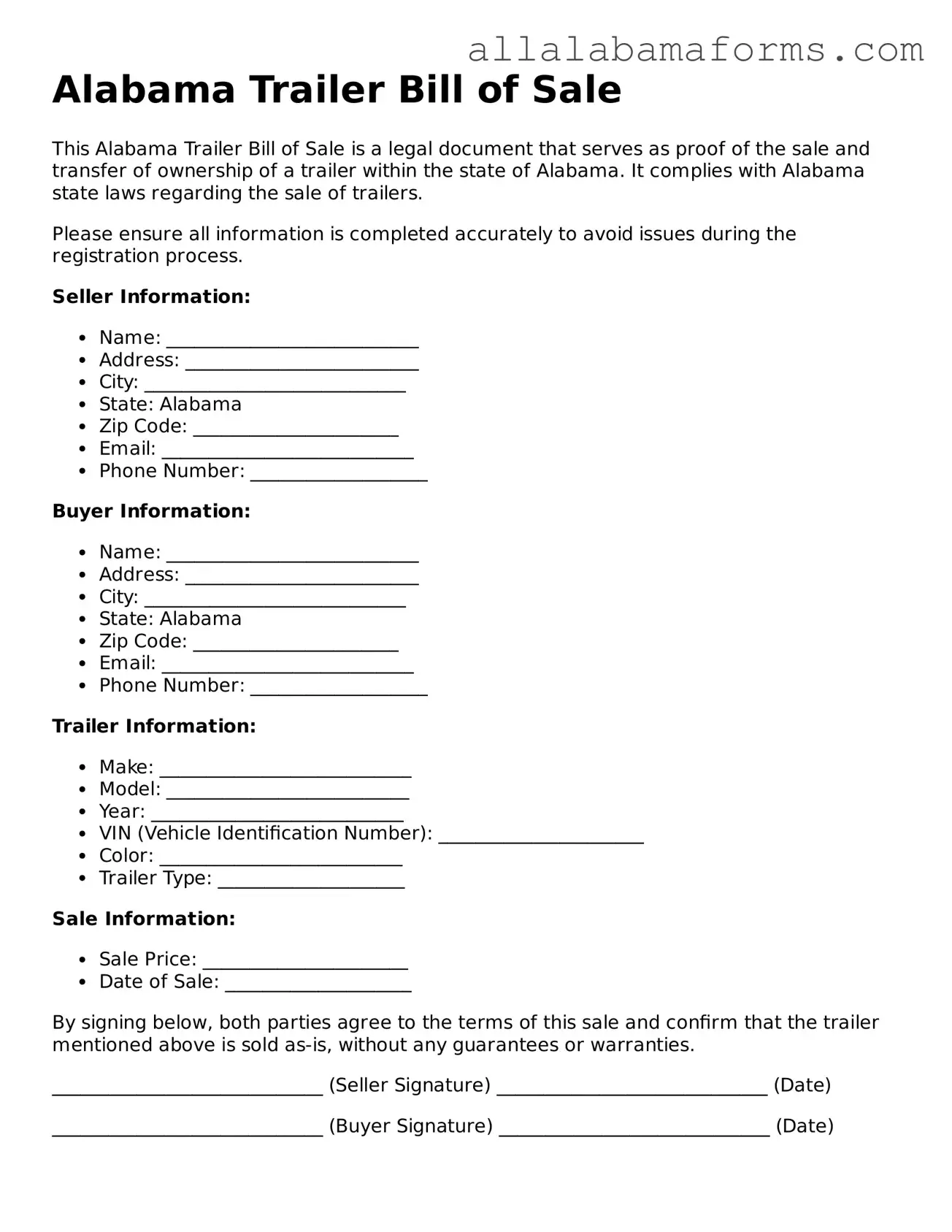  Trailer Bill of Sale Form for Alabama