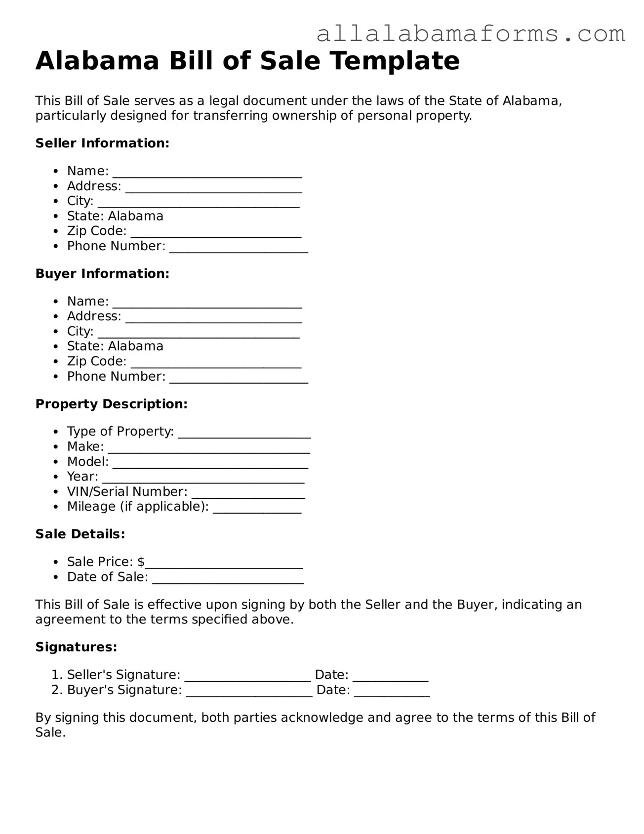  Bill of Sale Form for Alabama