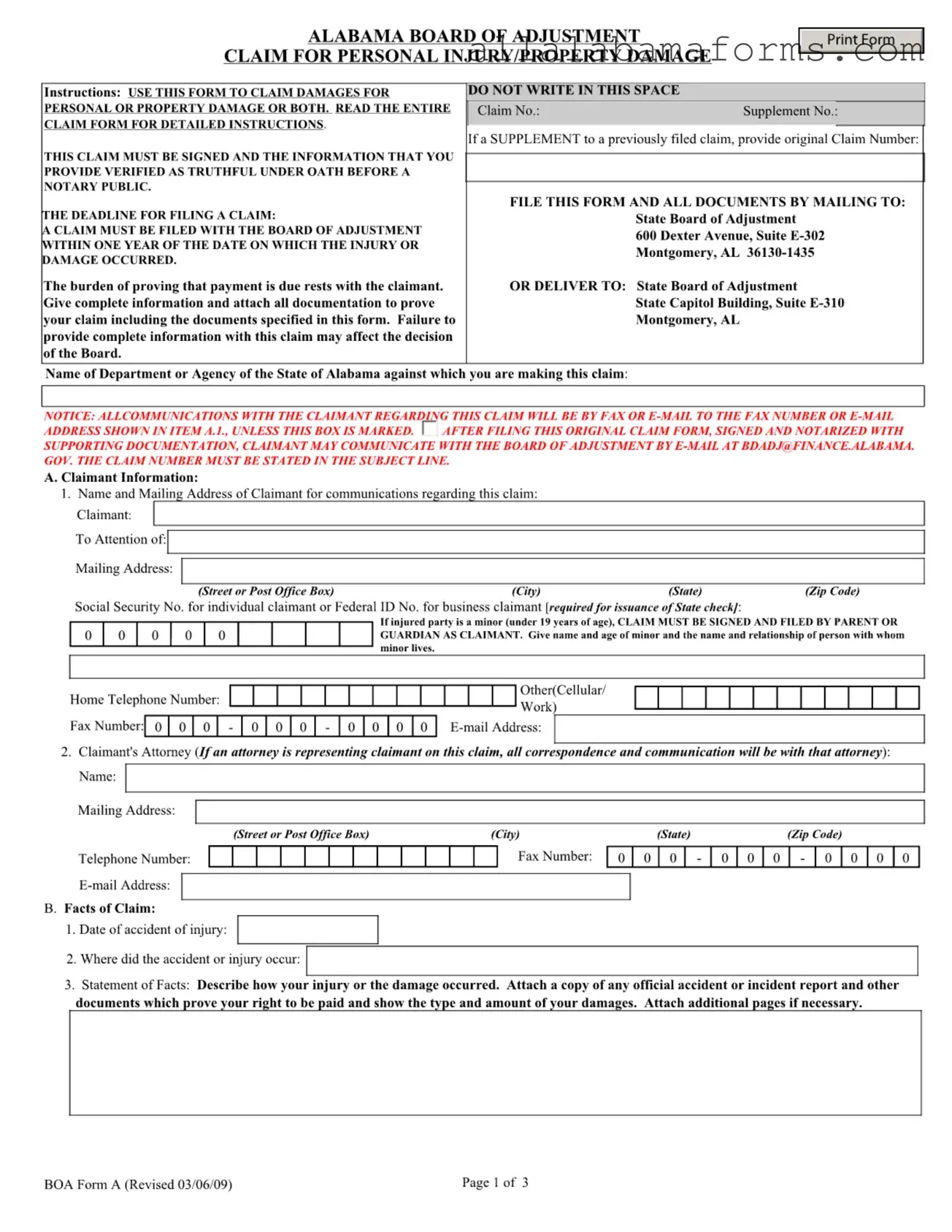 Free Alabama Boa A PDF Template