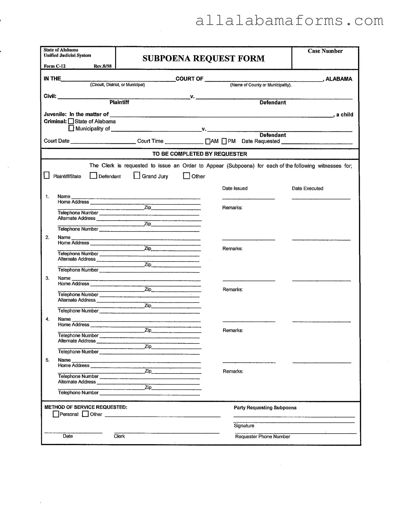 Free Alabama C 12 PDF Template