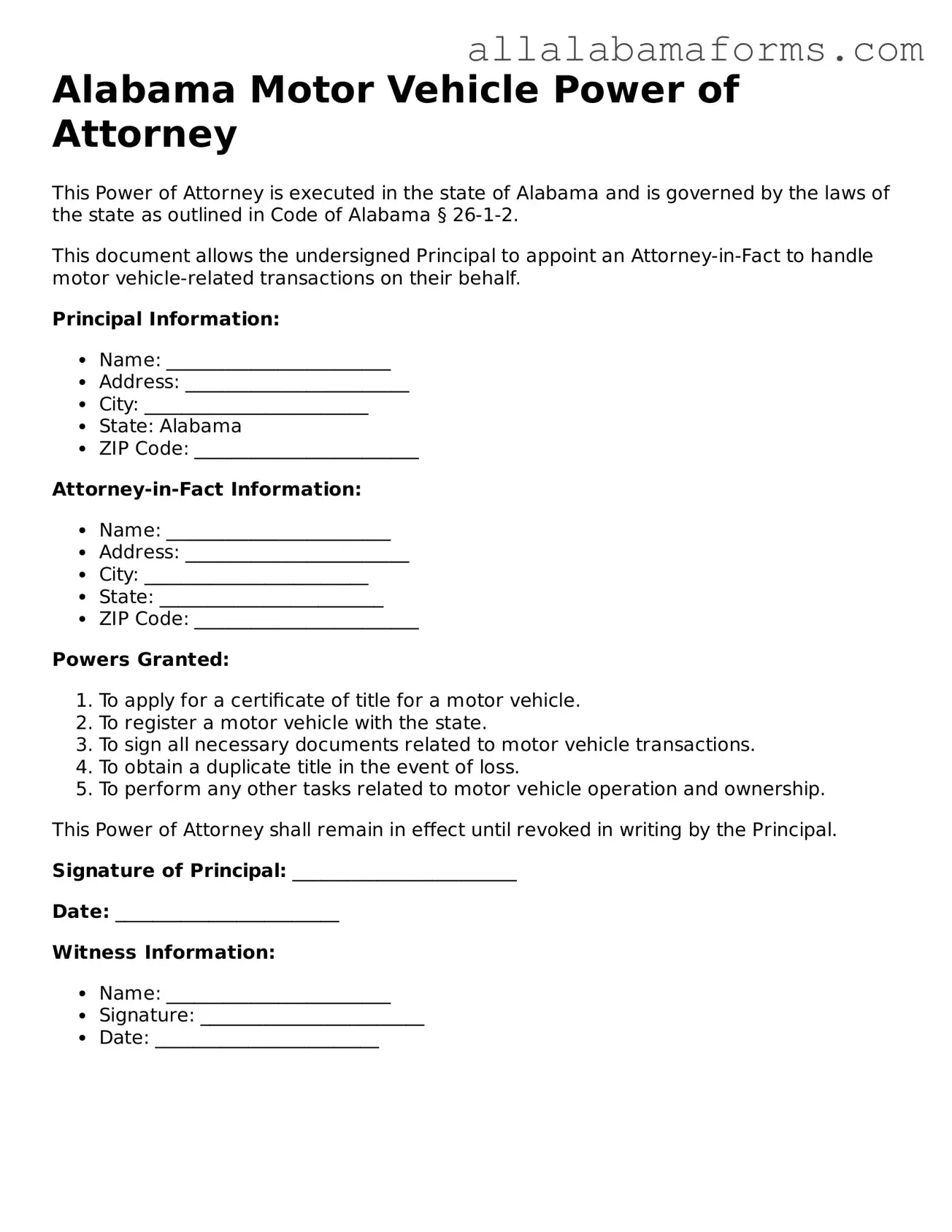  Motor Vehicle Power of Attorney Form for Alabama