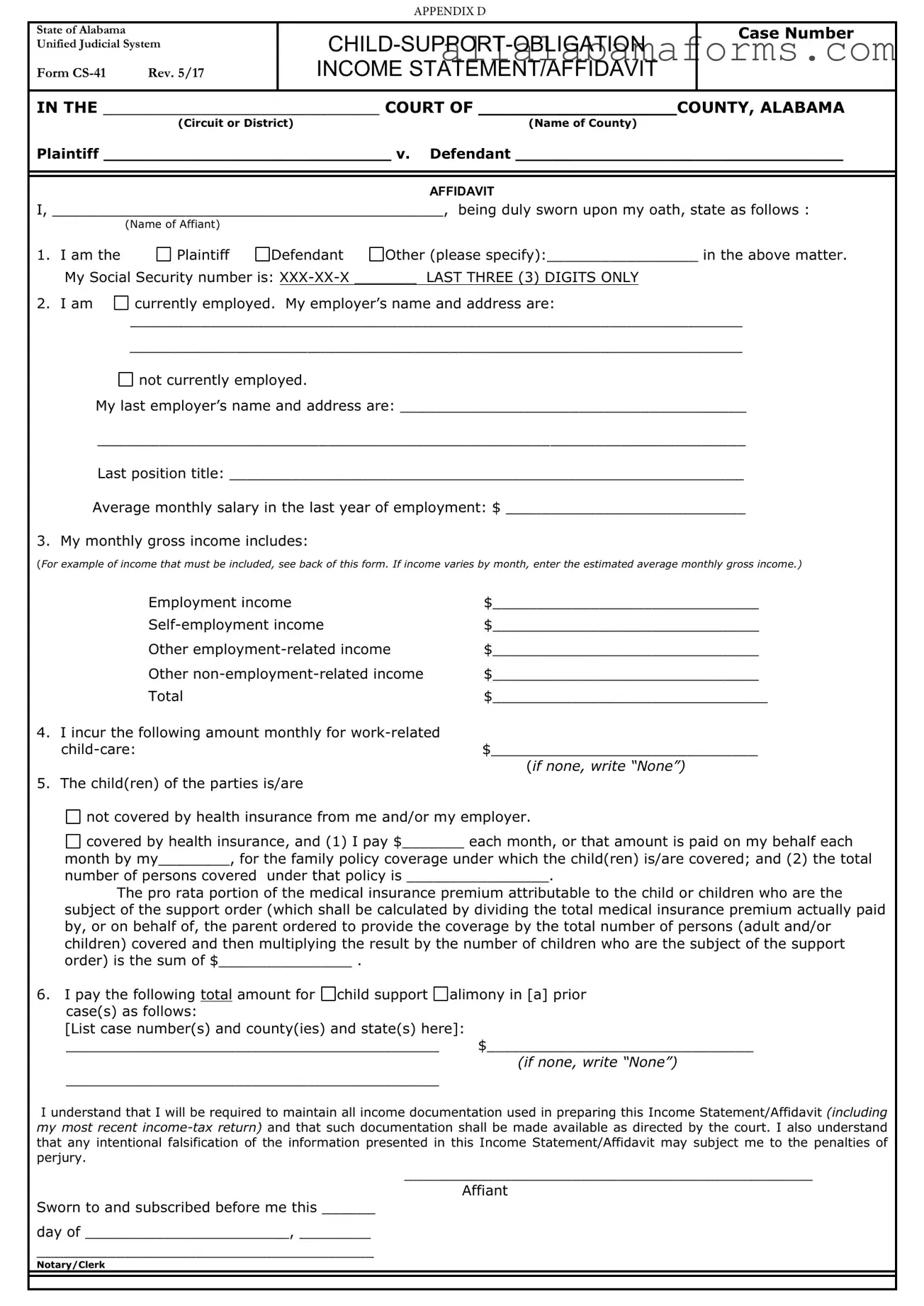 Free Alabama Child Support Income PDF Template