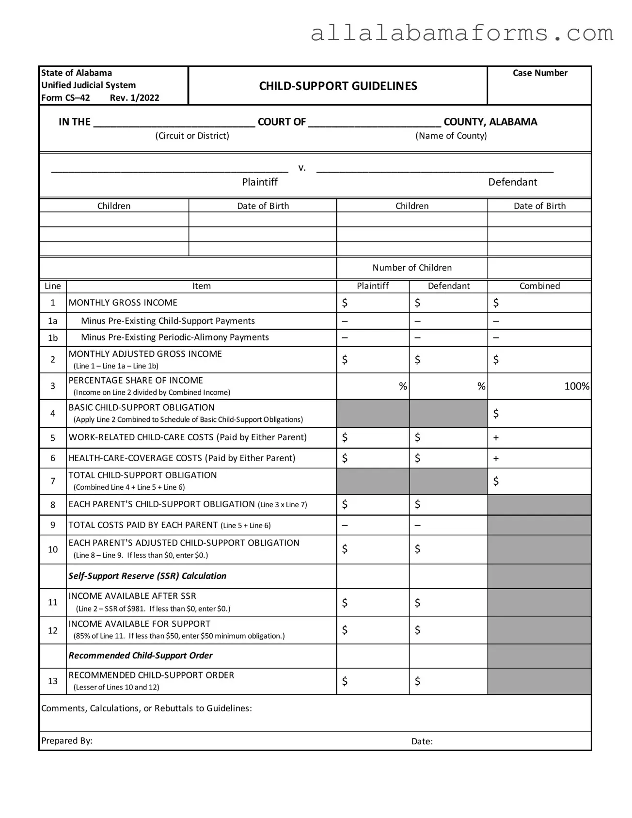 Free Alabama Child Support Sheet PDF Template