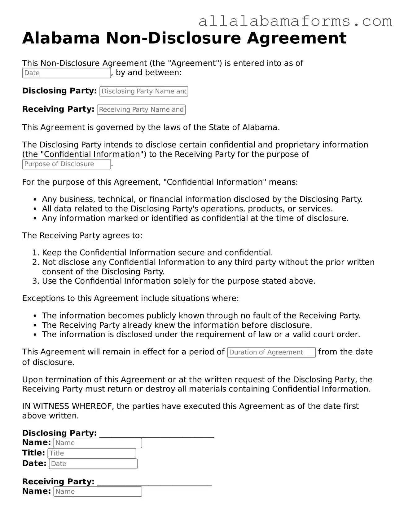 Non-disclosure Agreement Form for Alabama