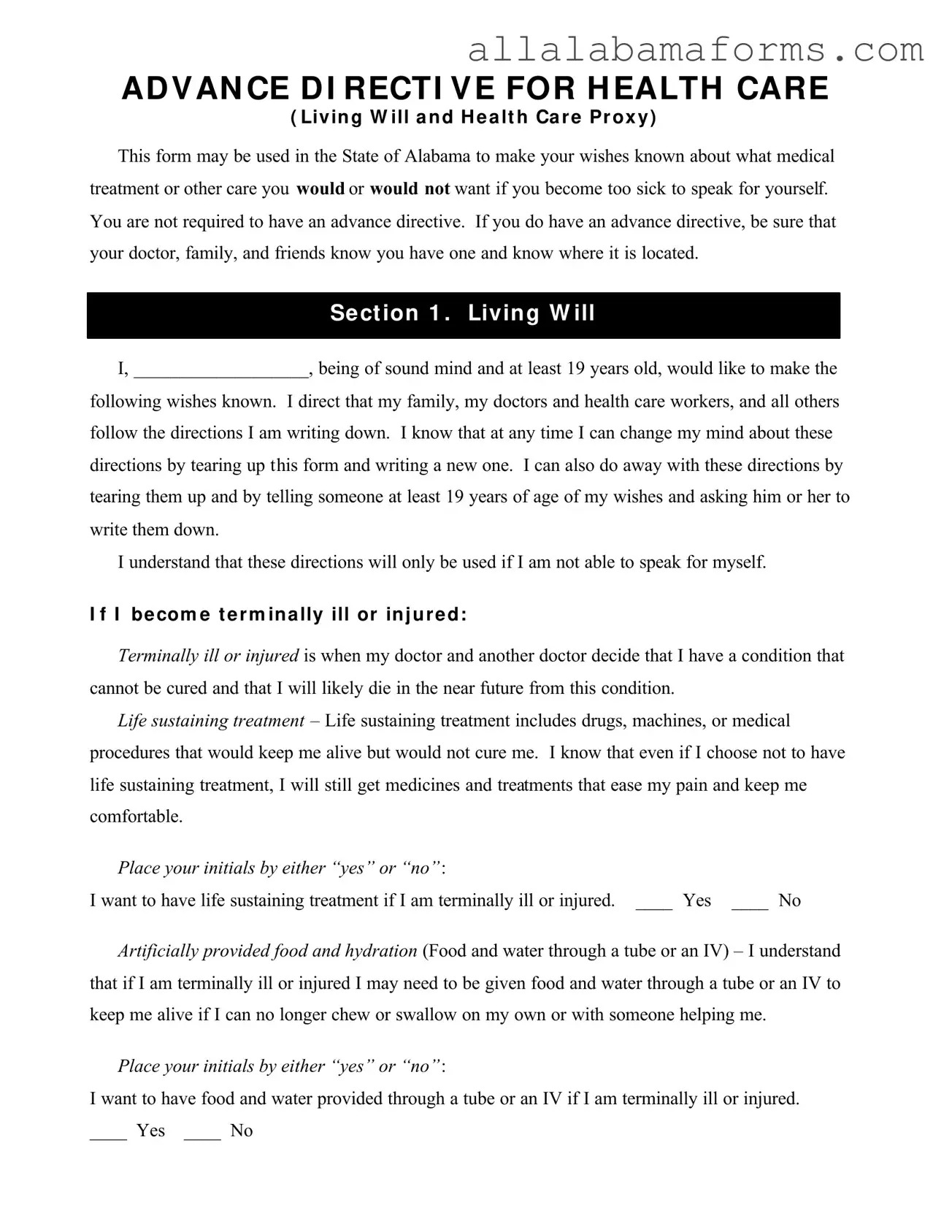 Free Alabama Directive Health Care PDF Template