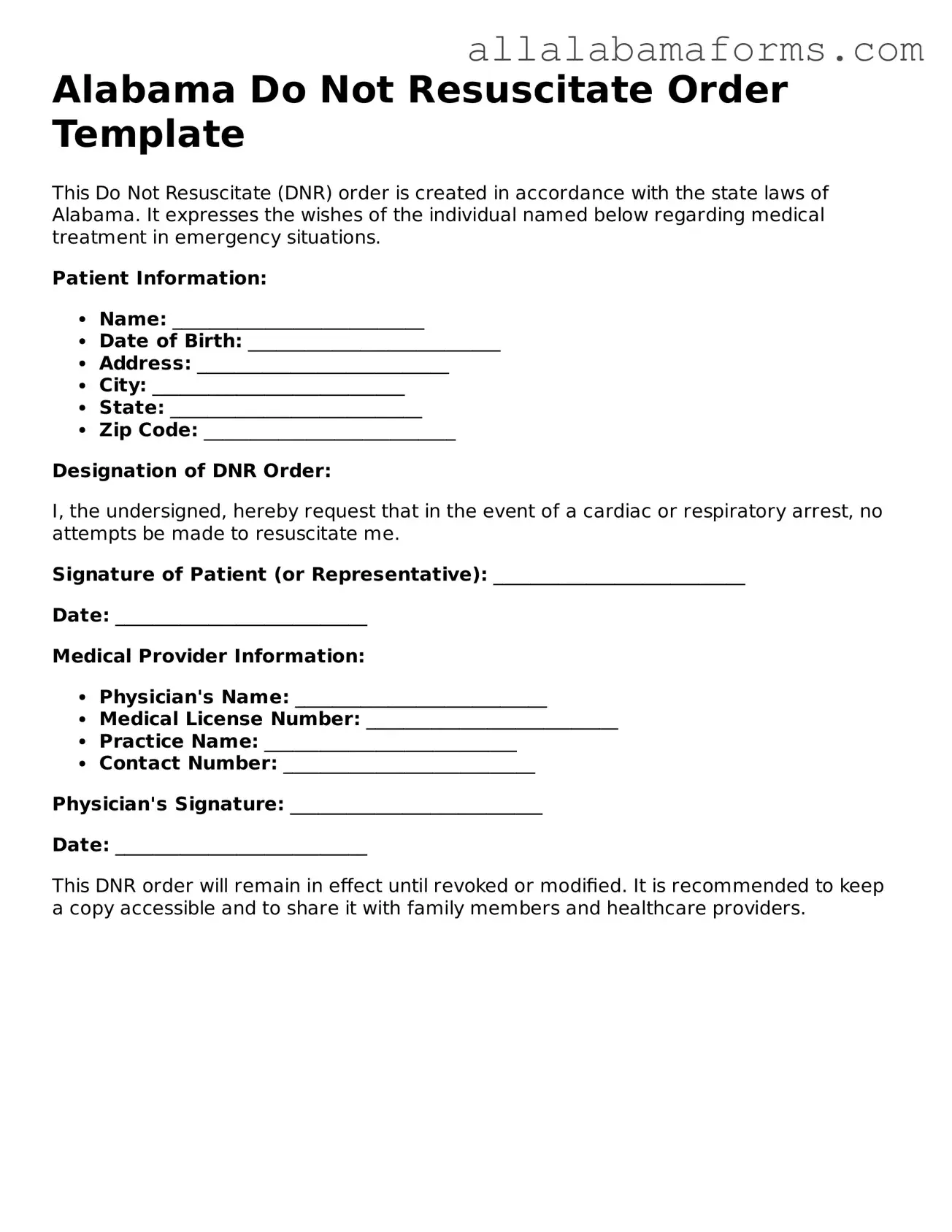  Do Not Resuscitate Order Form for Alabama
