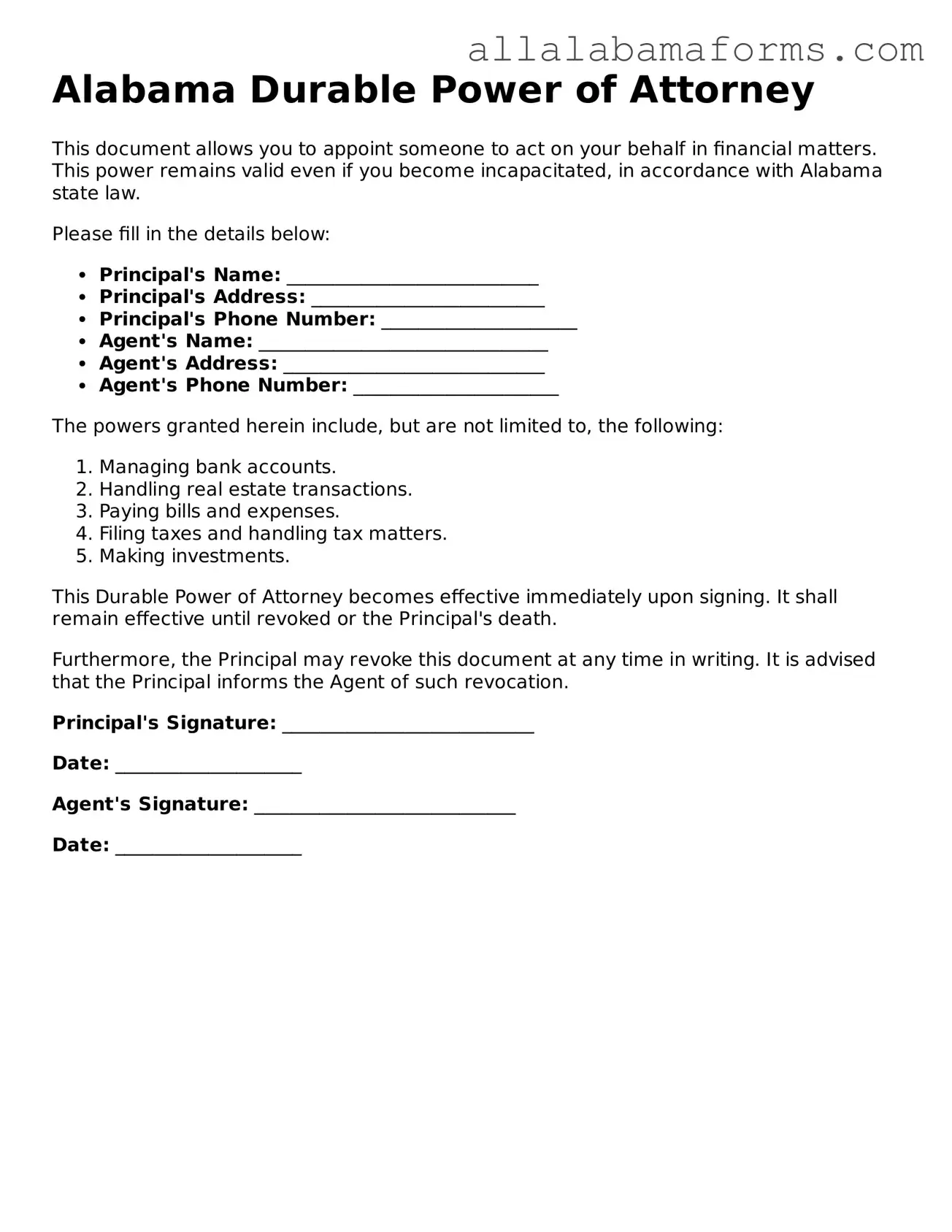  Durable Power of Attorney Form for Alabama