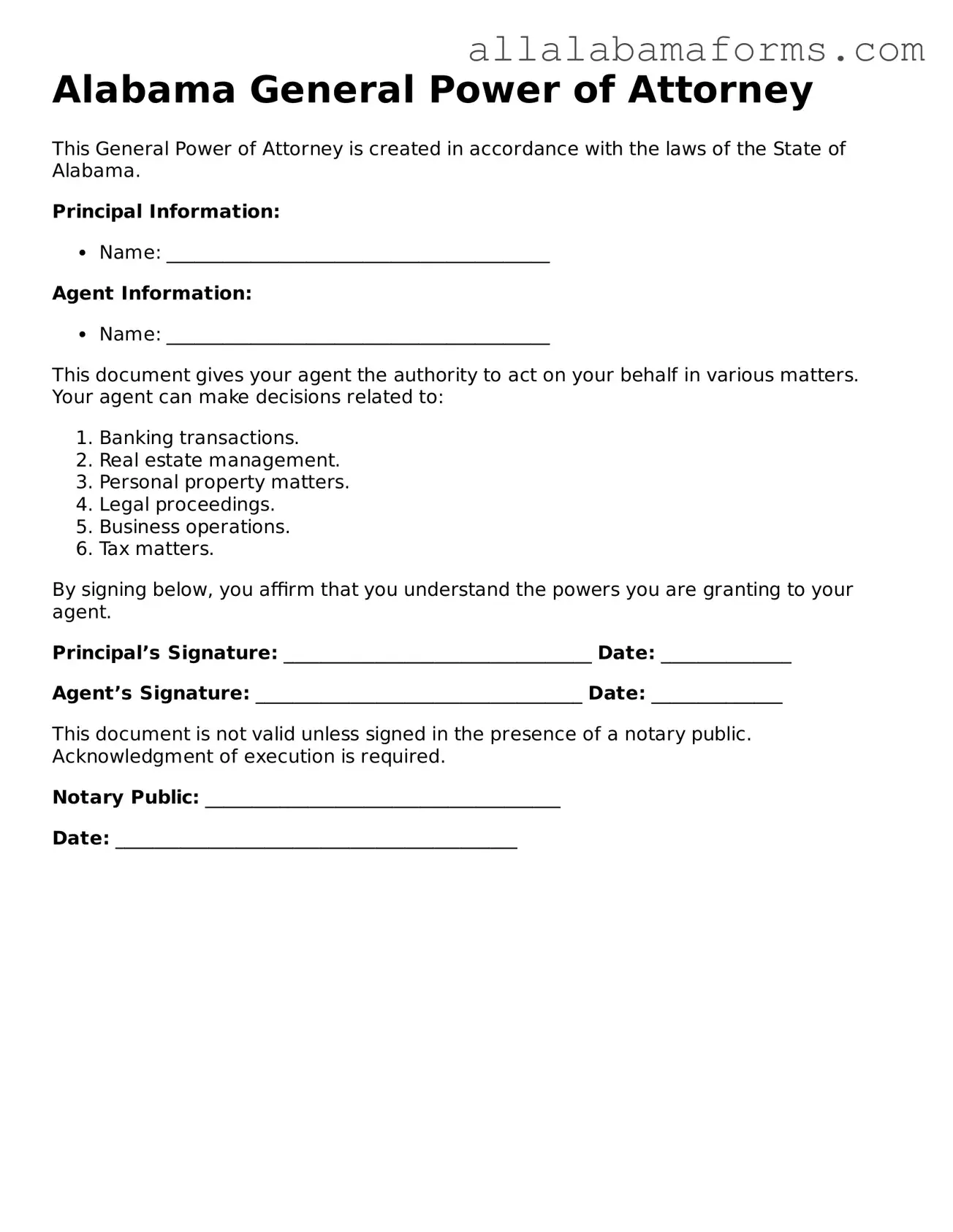  General Power of Attorney Form for Alabama