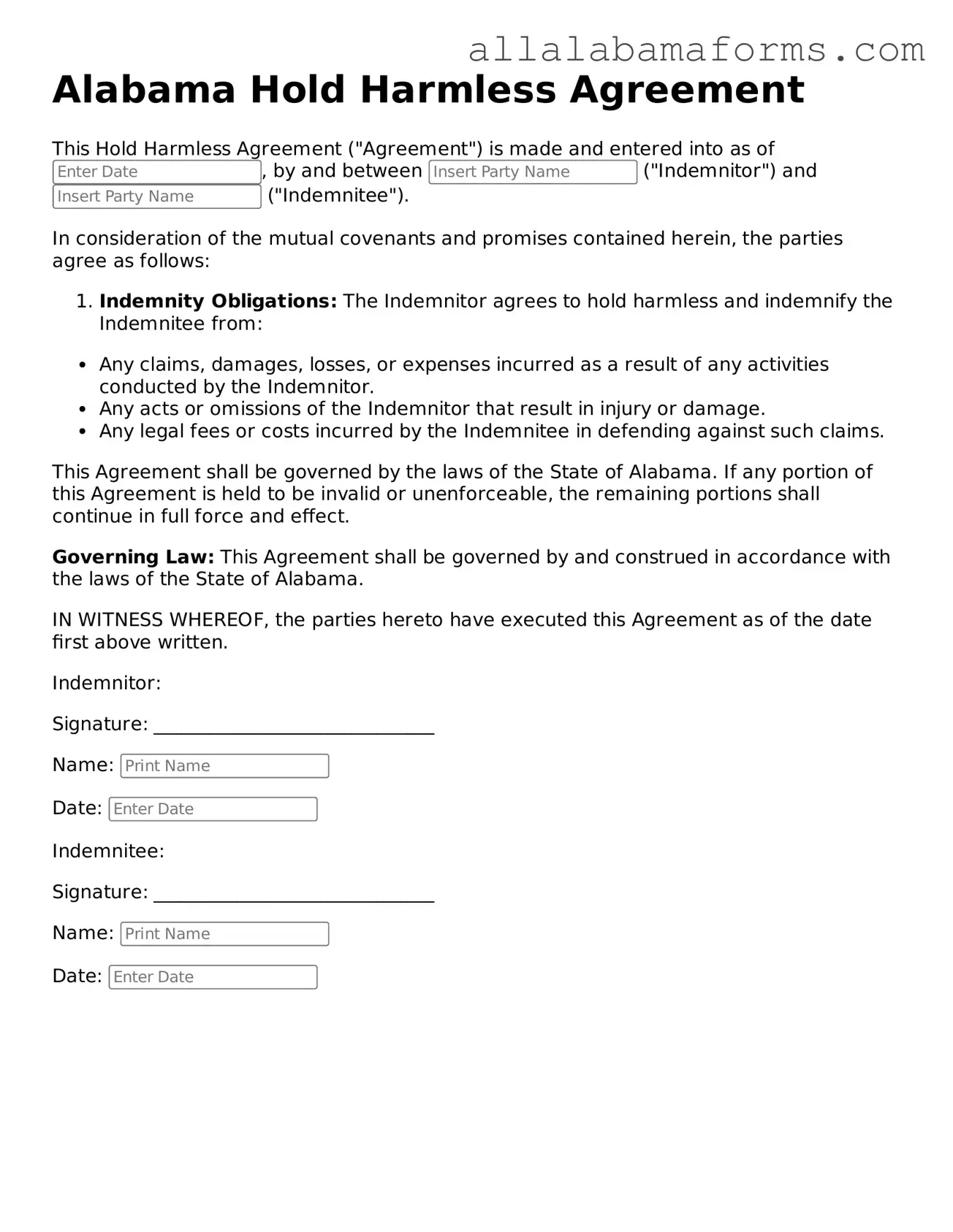  Hold Harmless Agreement Form for Alabama