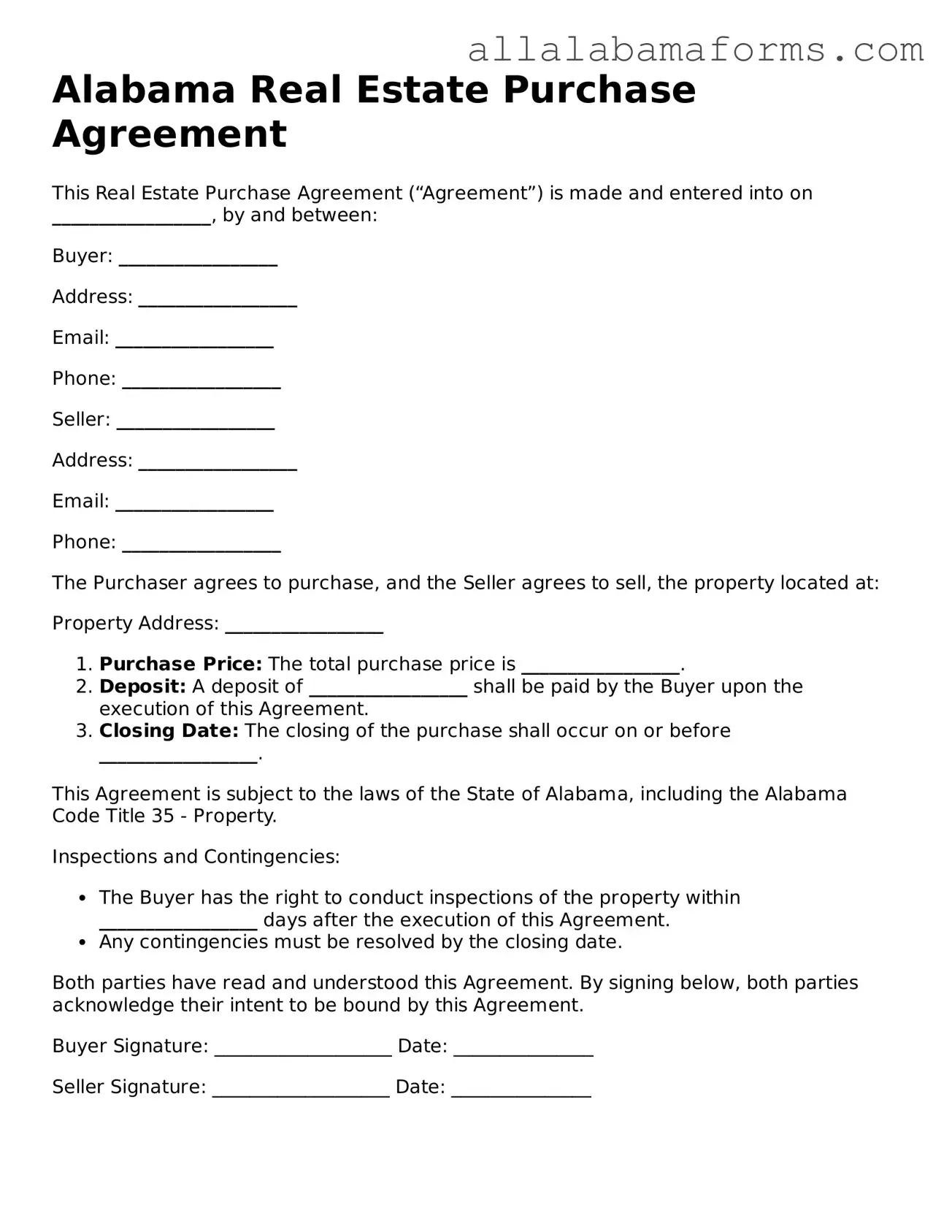  Real Estate Purchase Agreement Form for Alabama