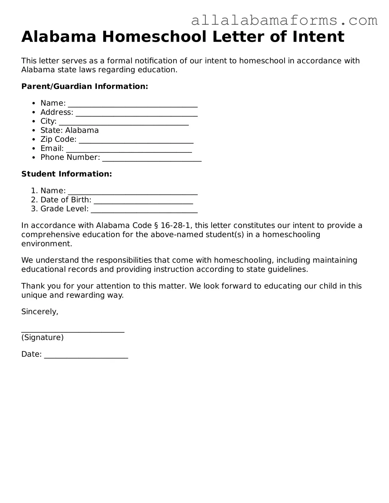  Homeschool Letter of Intent Form for Alabama