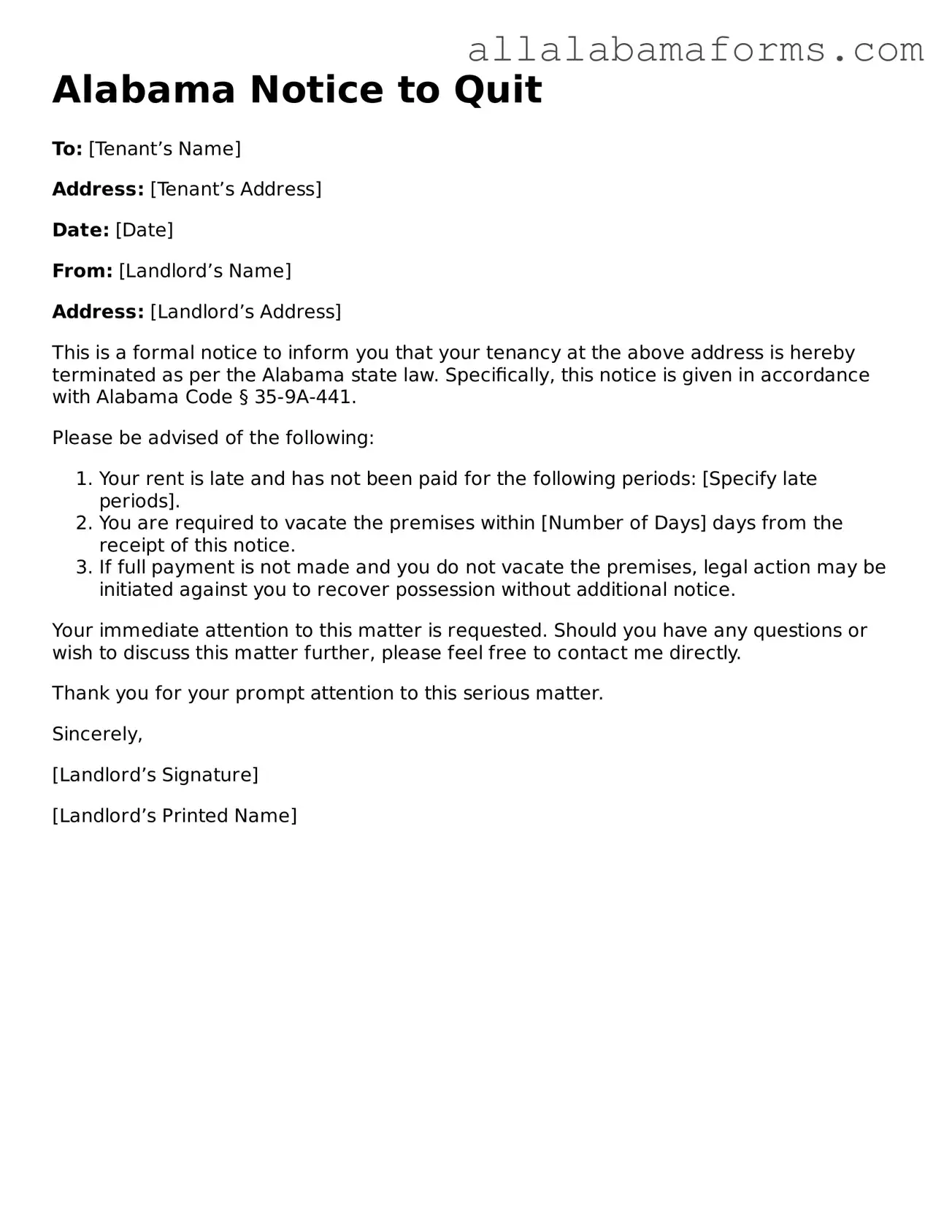 Notice to Quit Form for Alabama
