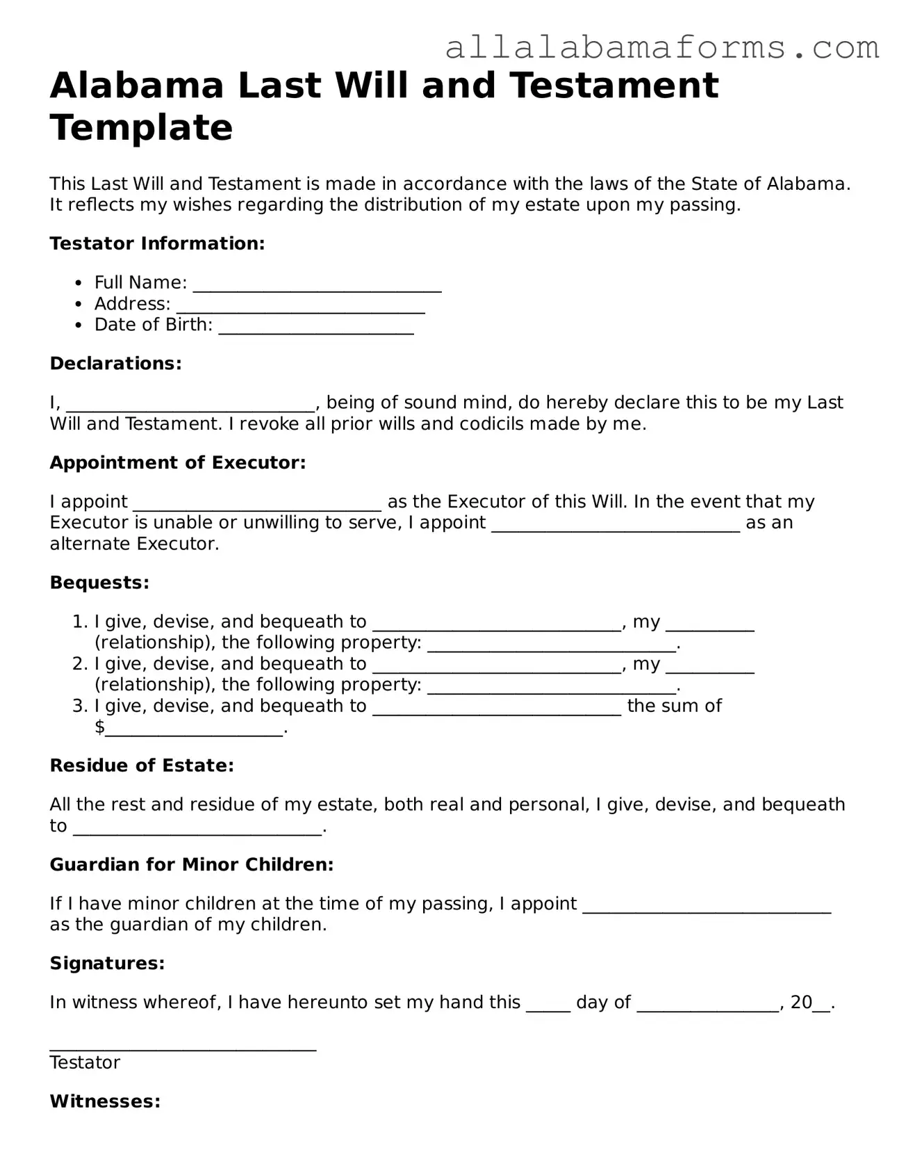  Last Will and Testament Form for Alabama
