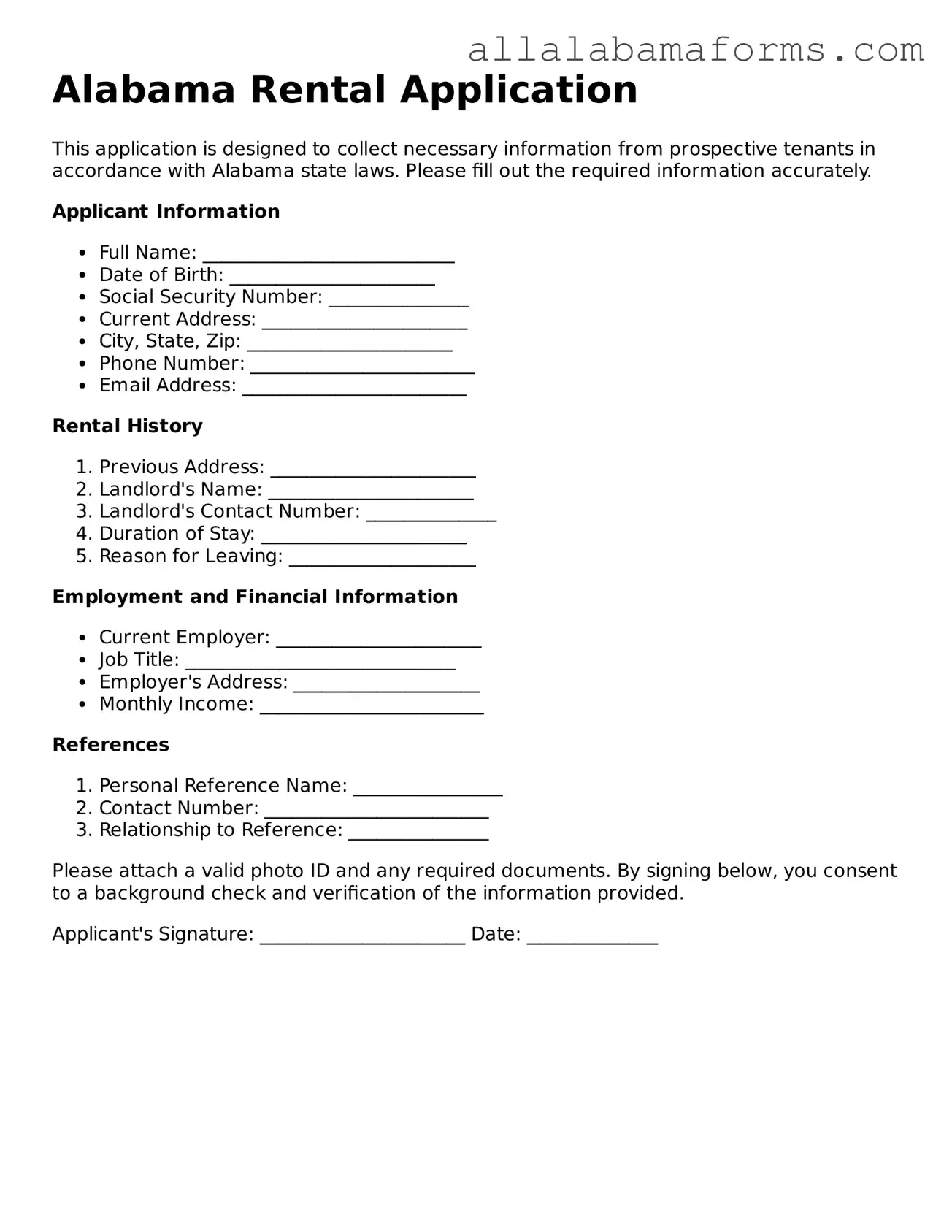  Rental Application Form for Alabama
