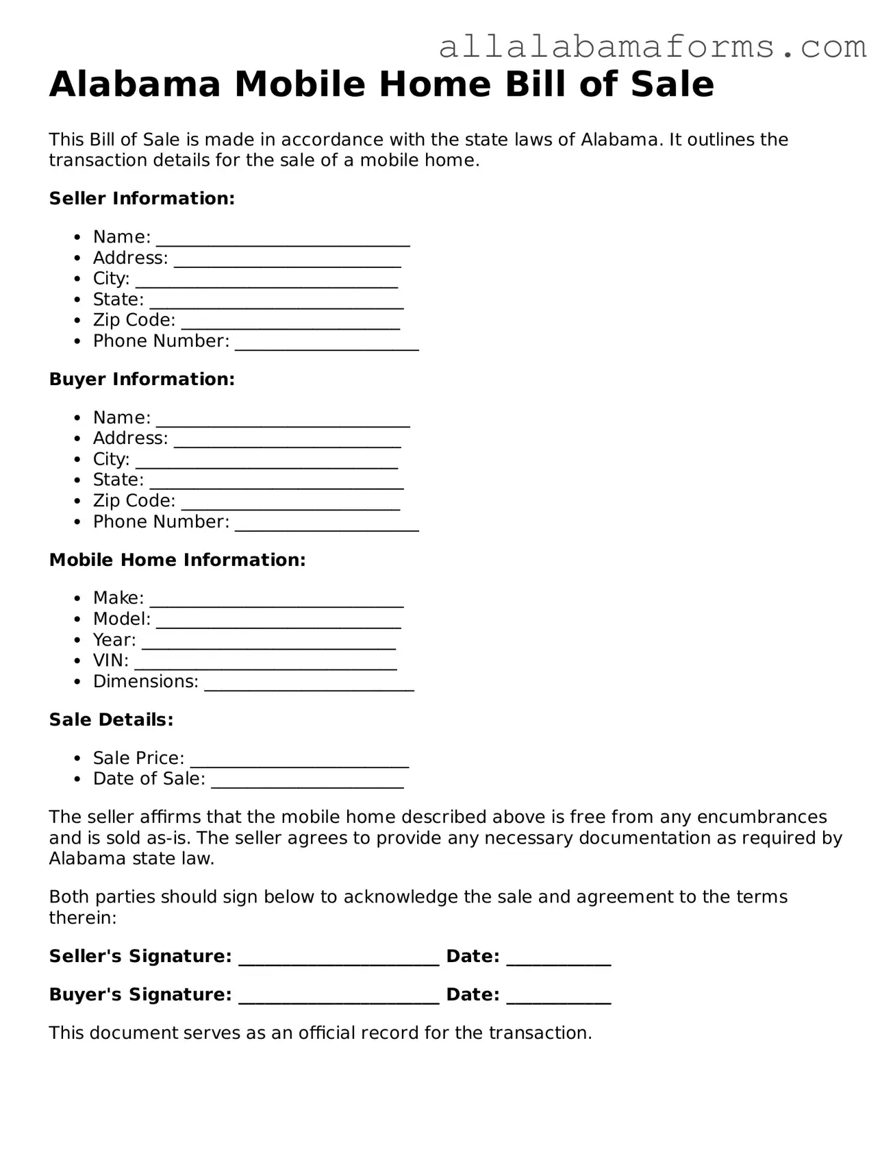  Mobile Home Bill of Sale Form for Alabama