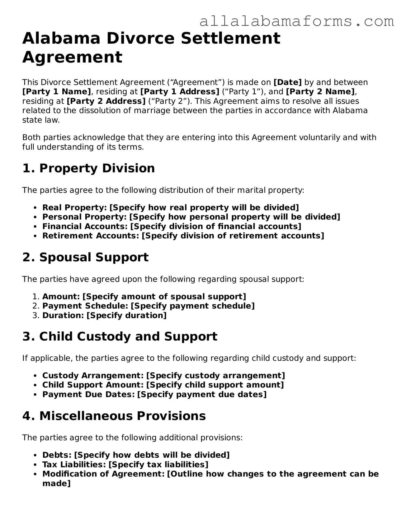  Divorce Settlement Agreement Form for Alabama