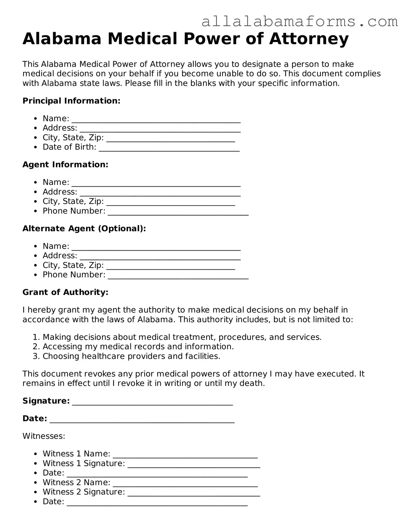  Medical Power of Attorney Form for Alabama