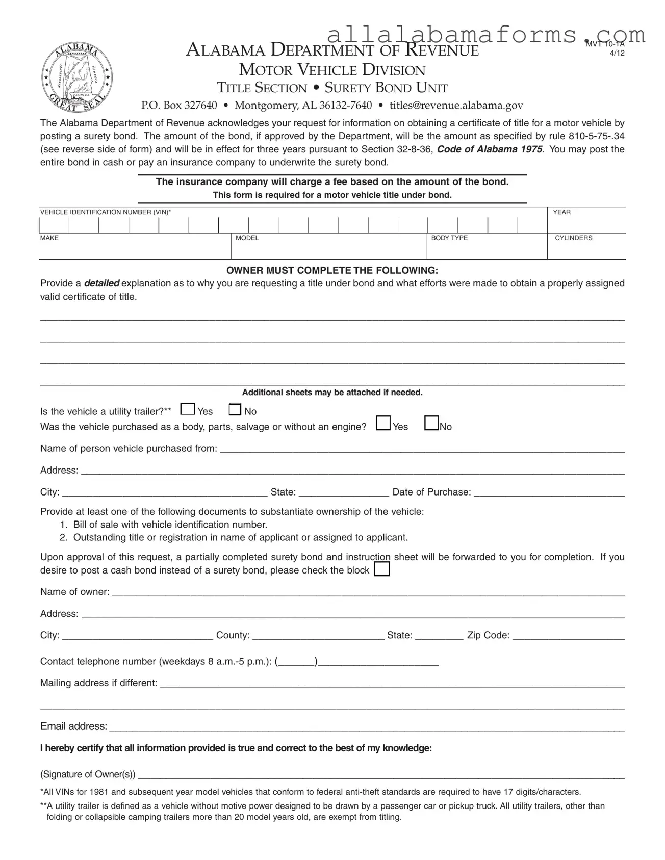 Free Alabama Mvt 10 1A PDF Template