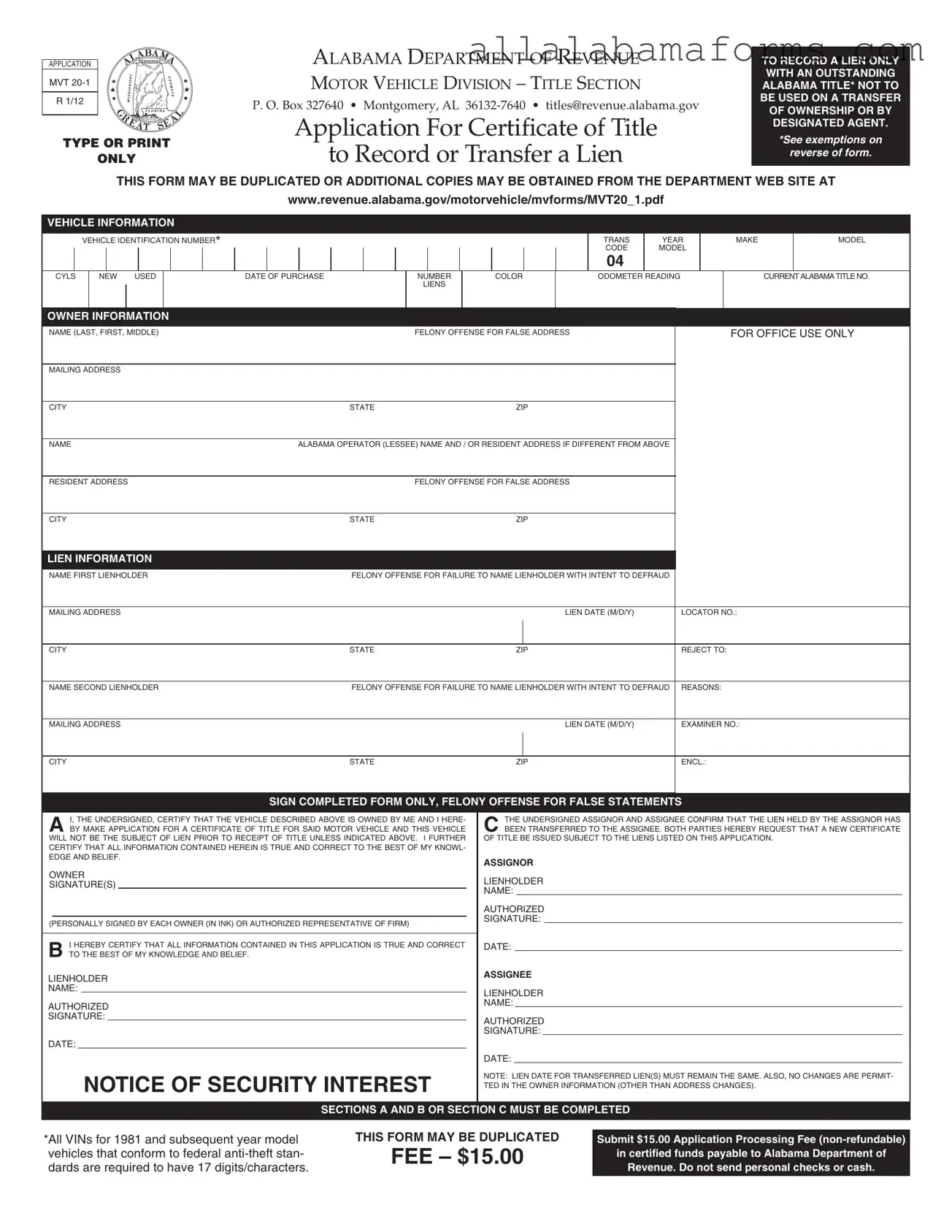 Free Alabama Mvt 20 1 PDF Template