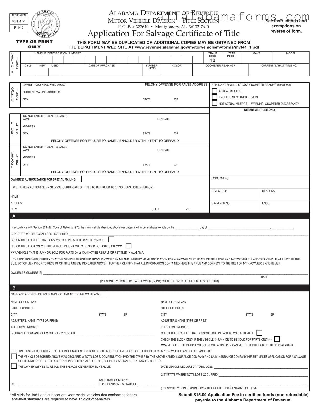 Free Alabama Mvt 41 1 PDF Template