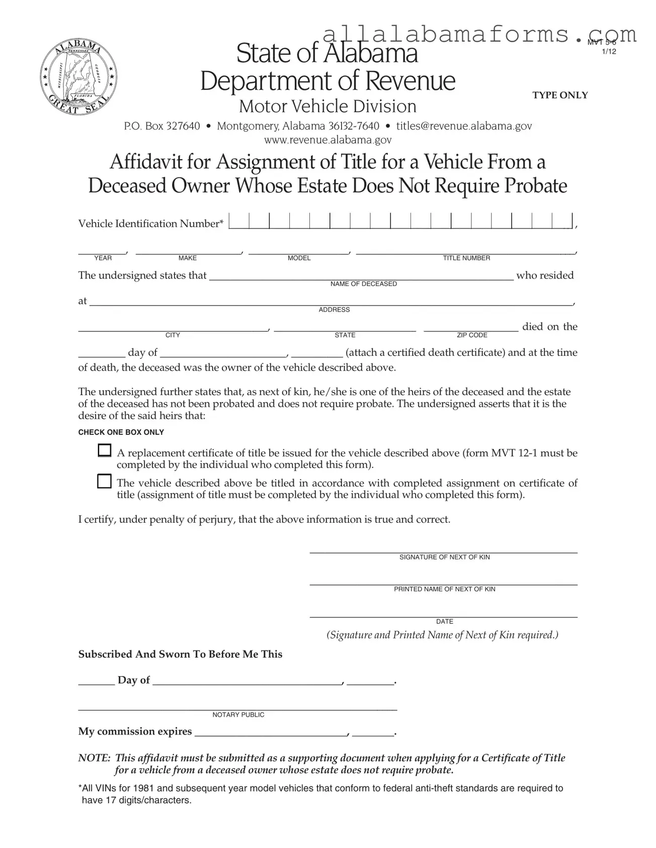 Free Alabama Mvt 5 PDF Template