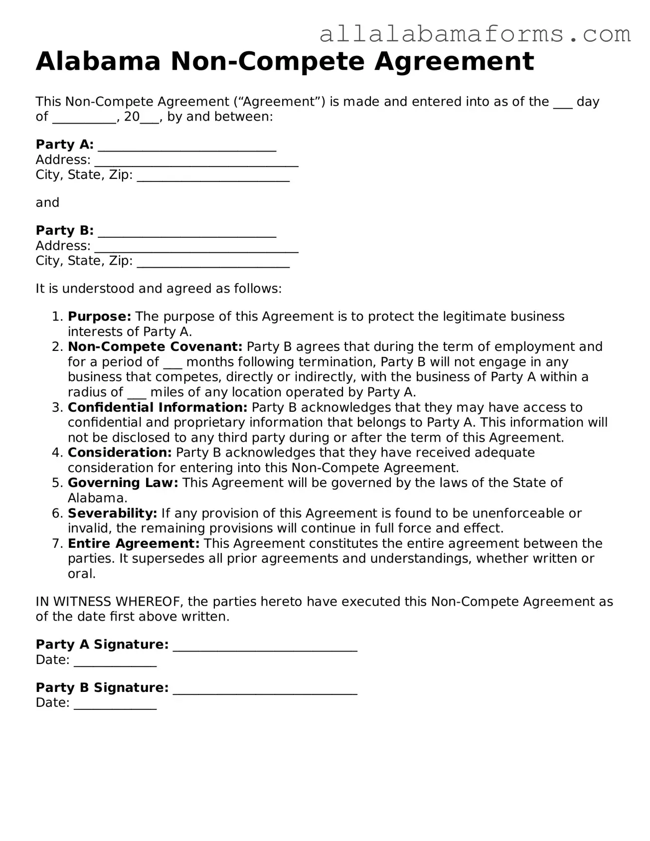  Non-compete Agreement Form for Alabama