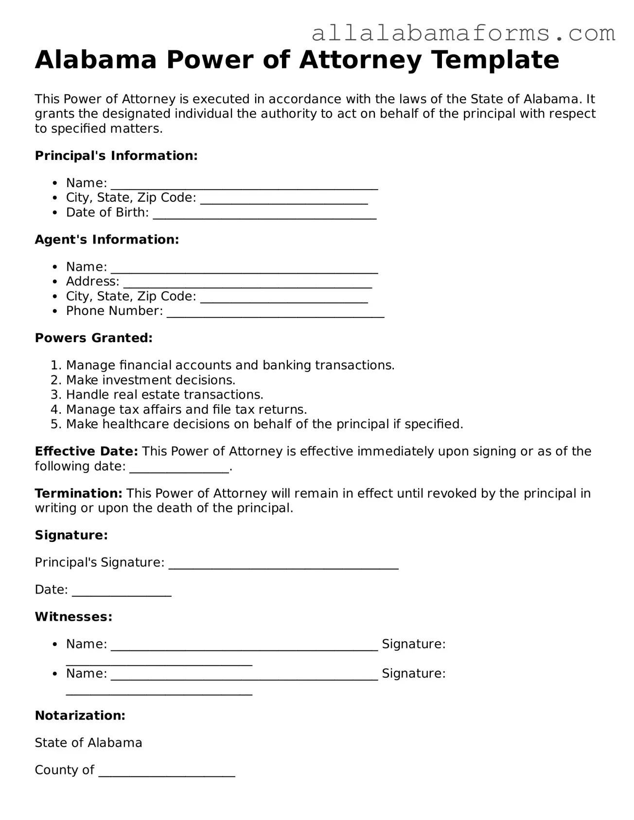  Power of Attorney Form for Alabama