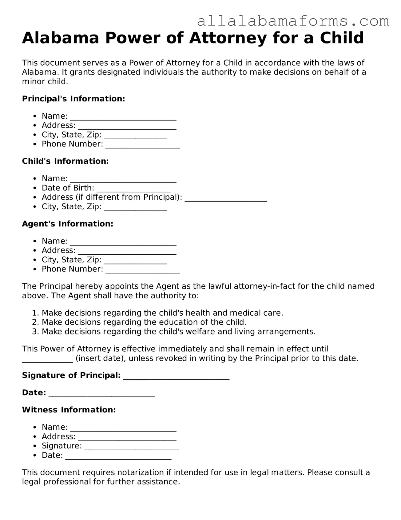  Power of Attorney for a Child Form for Alabama
