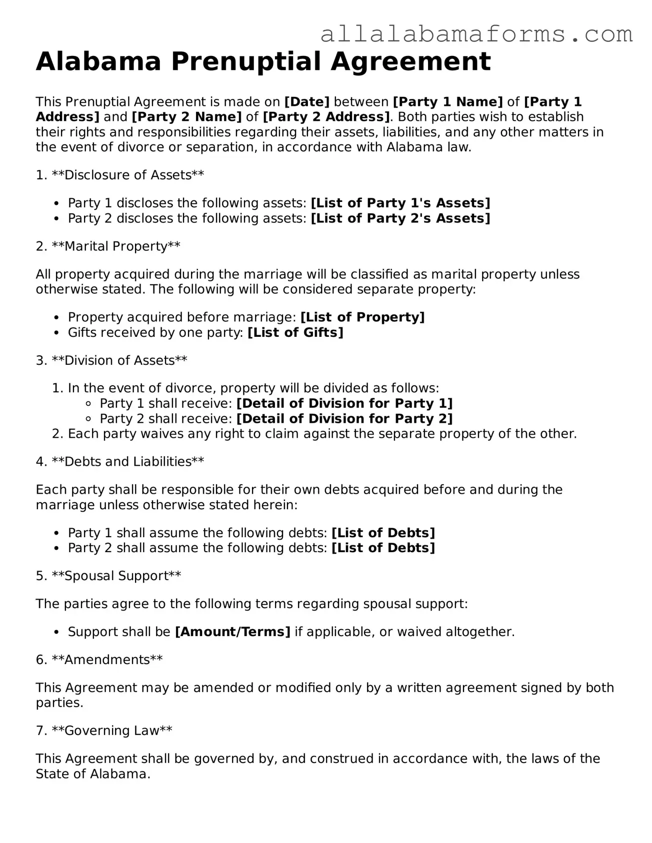  Prenuptial Agreement Form for Alabama