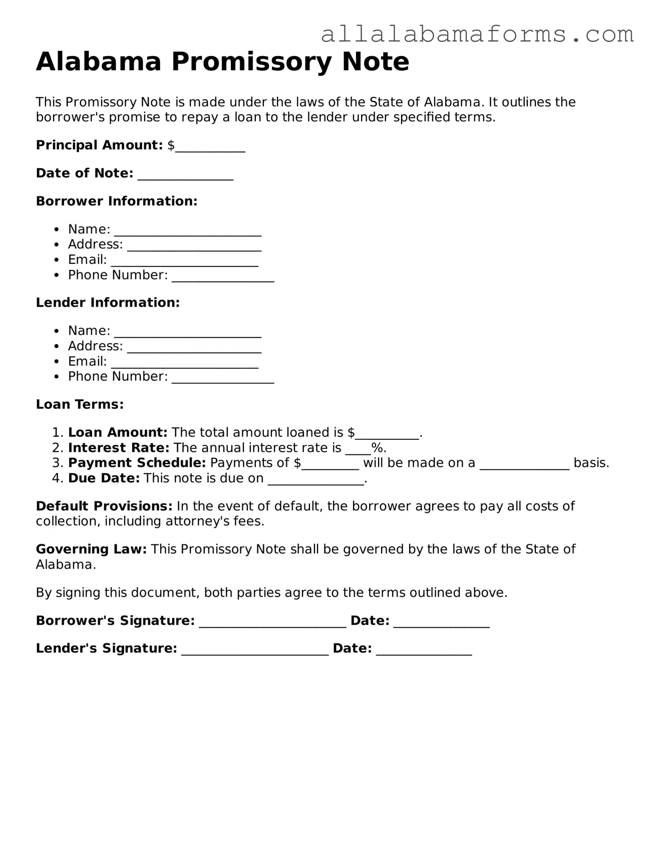  Promissory Note Form for Alabama