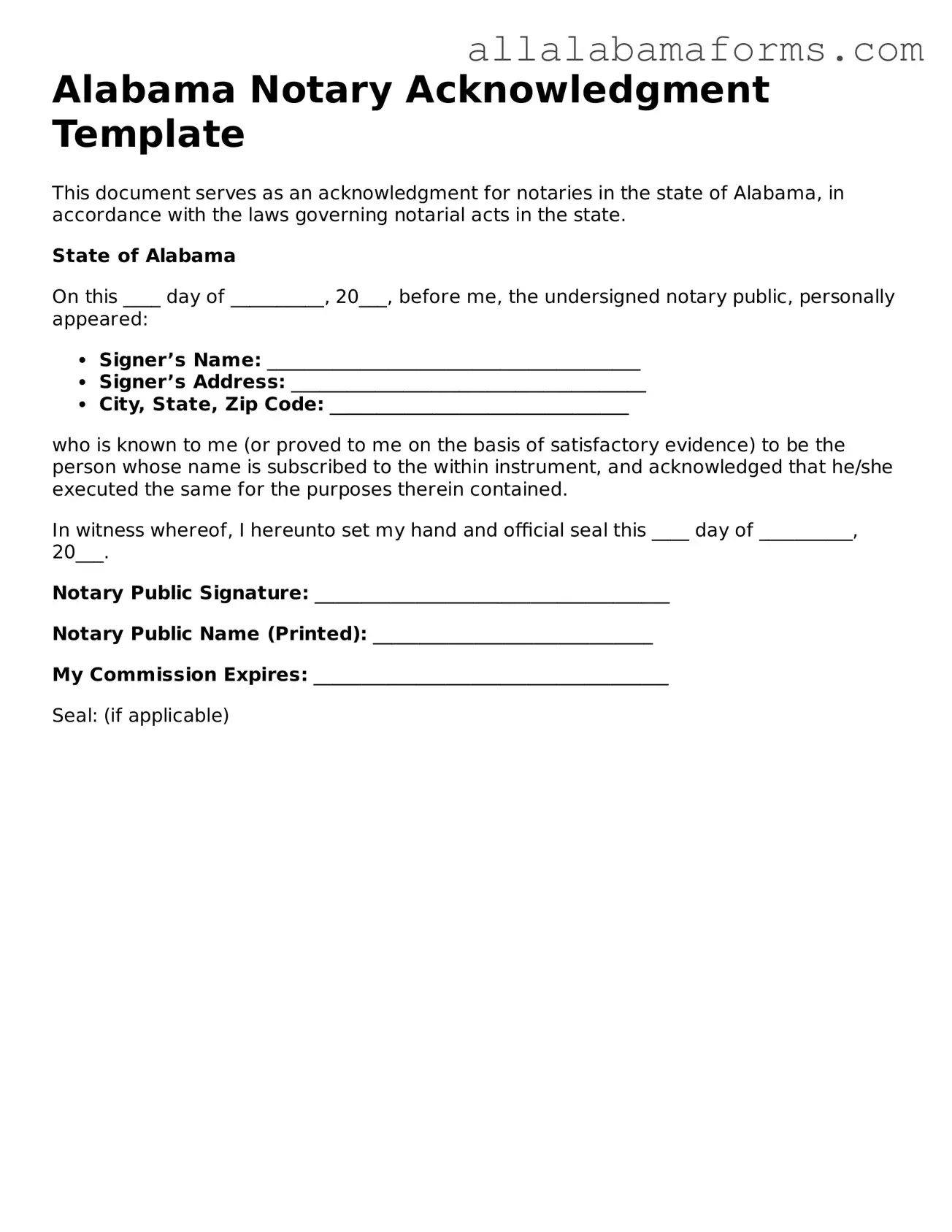  Notary Acknowledgement Form for Alabama