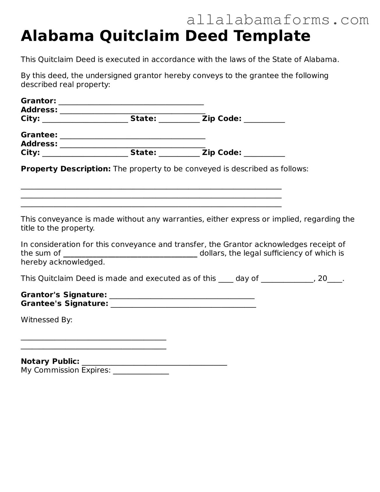  Quitclaim Deed Form for Alabama