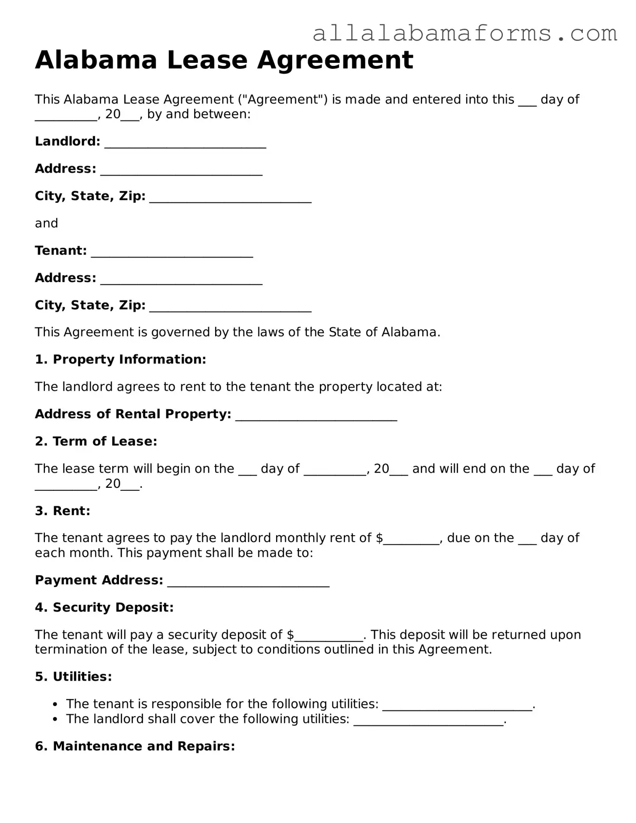  Lease Agreement Form for Alabama