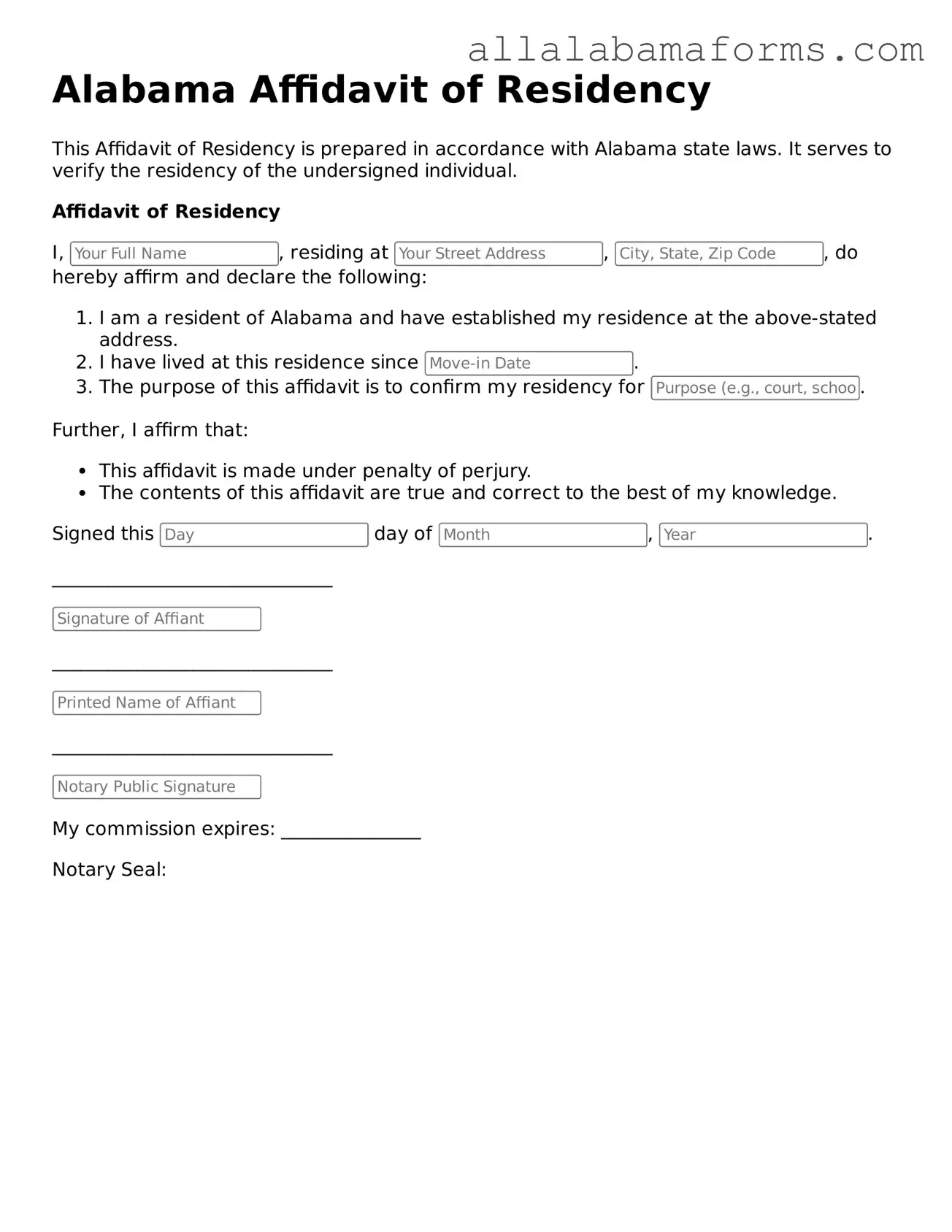  Affidavit of Residency Form for Alabama