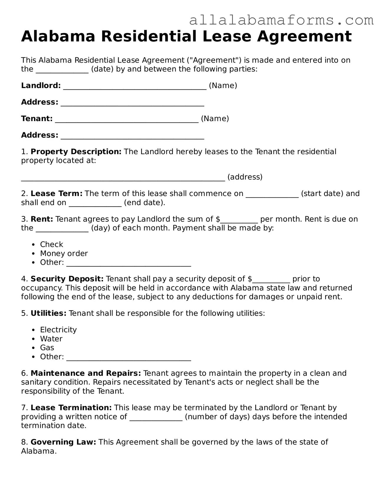  Residential Lease Agreement Form for Alabama