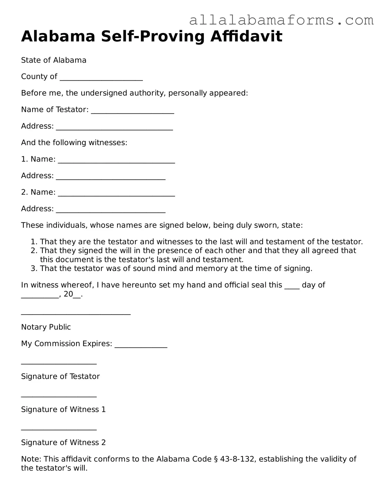  Self-Proving Affidavit Form for Alabama