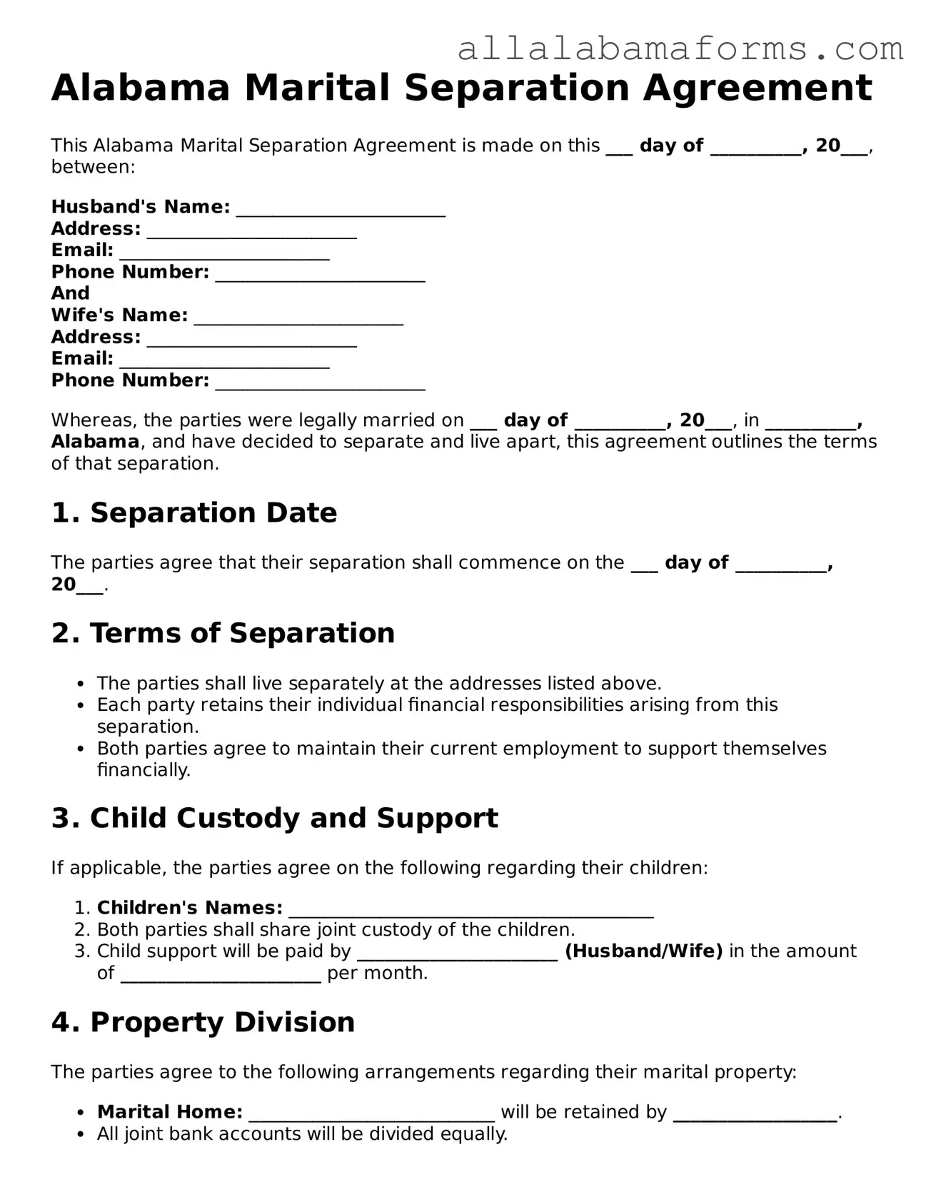  Marital Separation Agreement Form for Alabama