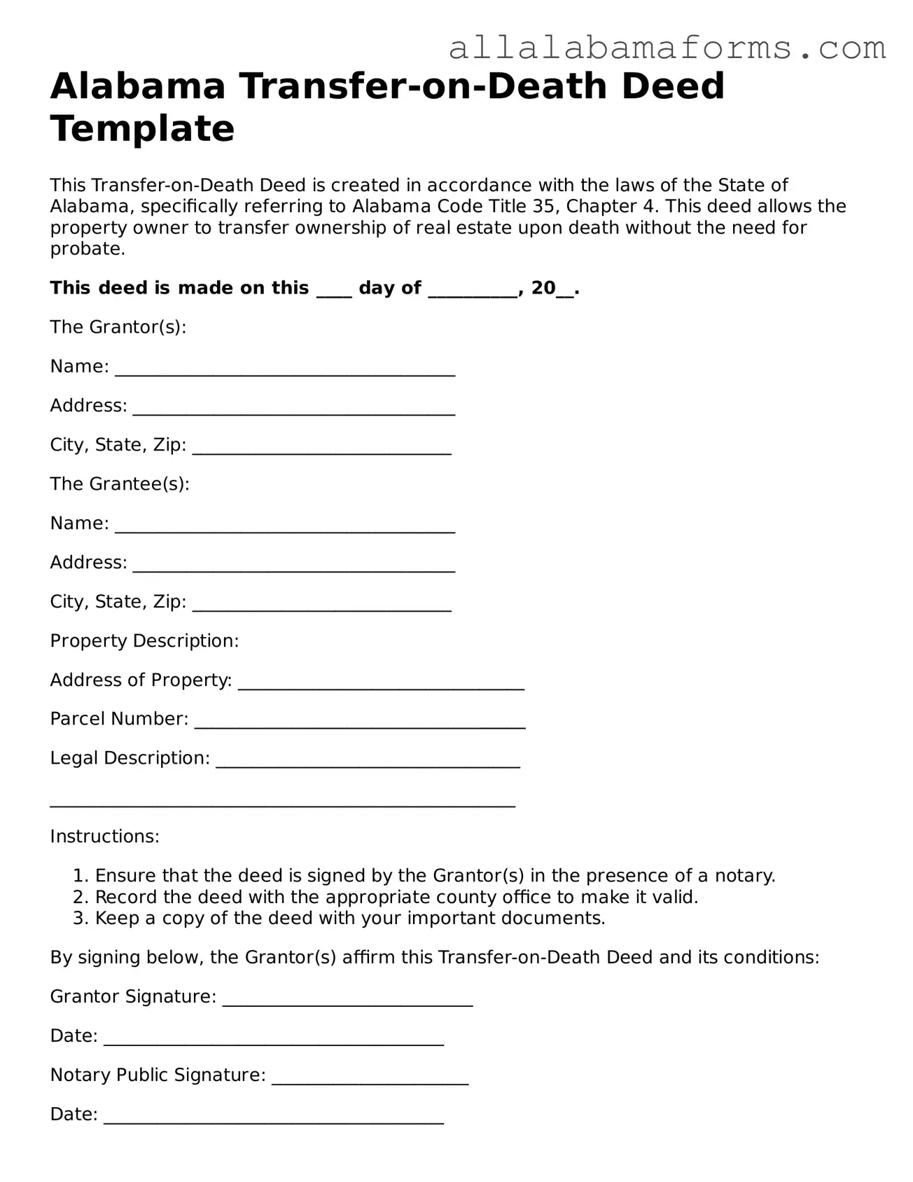  Transfer-on-Death Deed Form for Alabama