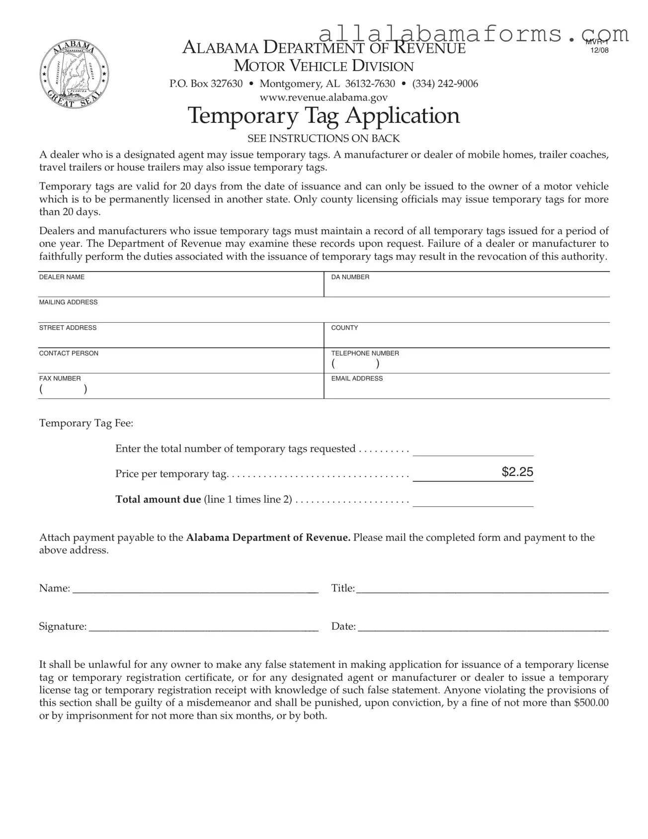 Free Alabama Temporary Tag Application PDF Template